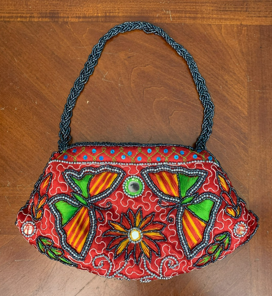 Beaded Butterfly & Flowers Boho Purse Handbag – Zipper Closure, Beaded Handle