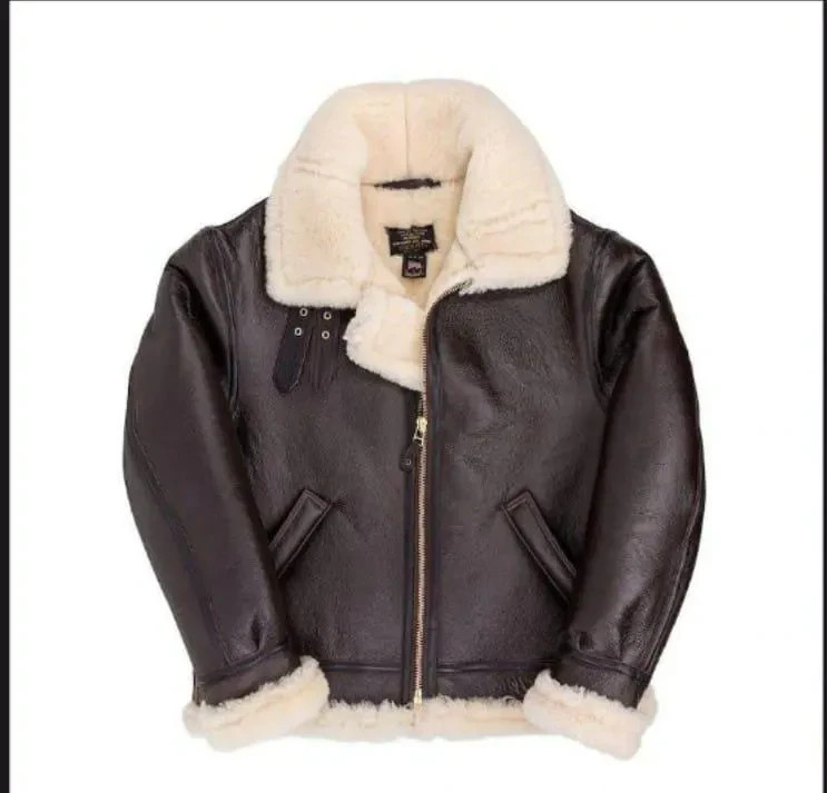 Men’s B3 Aviator Bomber Jacket Real Sheepskin Leather Faux Fur Pilot Coat Handma
