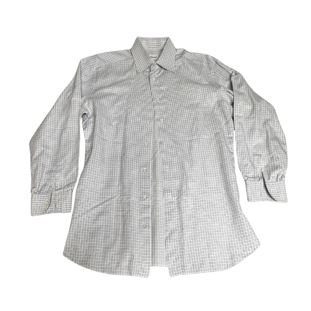 Brioni Dress Shirt Men’s 16.5 White Blue Check Luxury Cotton
