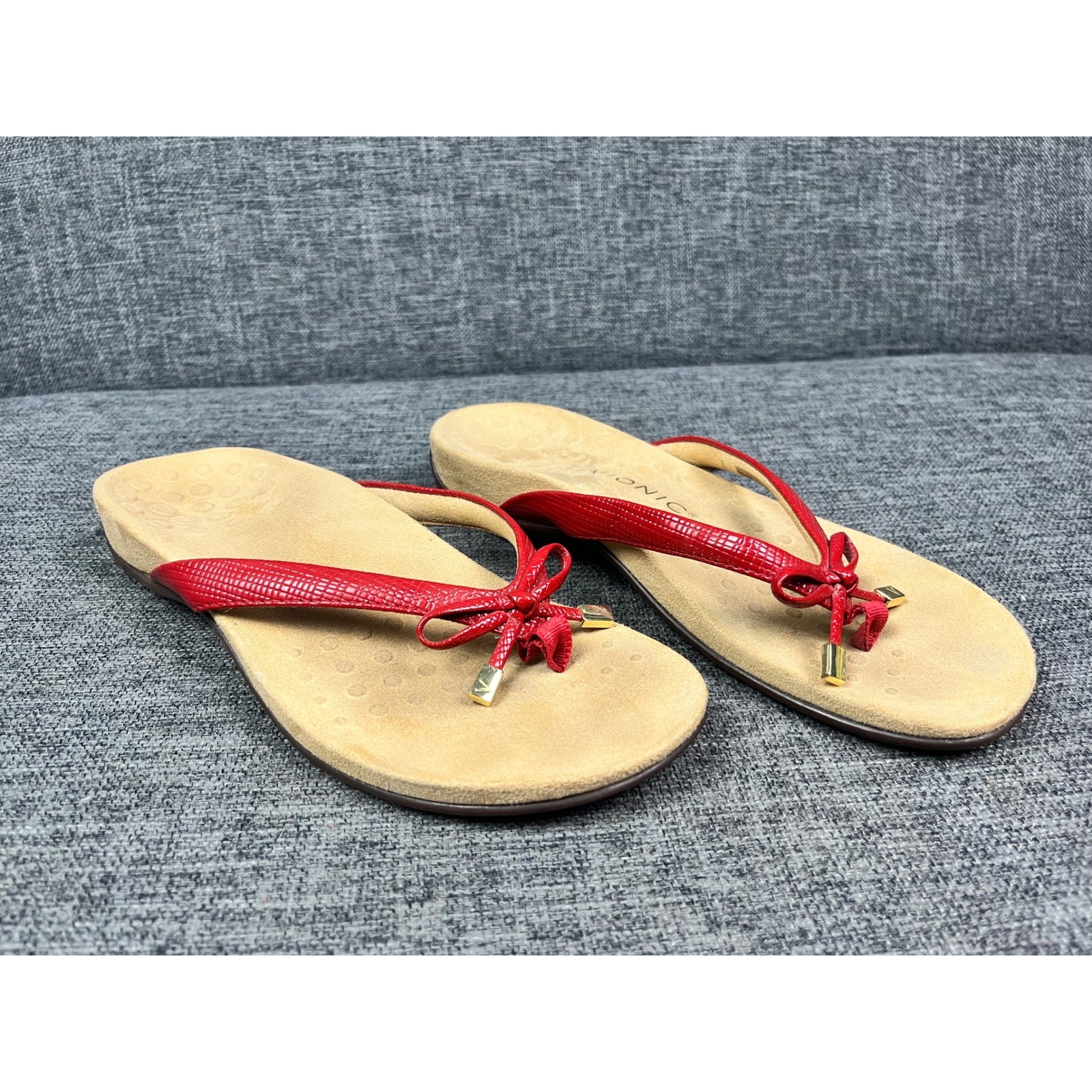 Vionic Bella II Red Lizard Embossed Orthotic Bow Flip Flop Sandals Womens 7.5