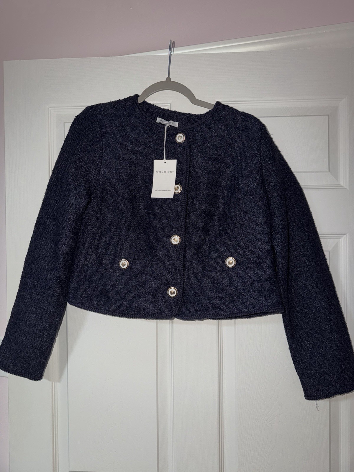 Free Assembly Navy Button Front Jacket Women’s S Short Long Sleeve Pockets