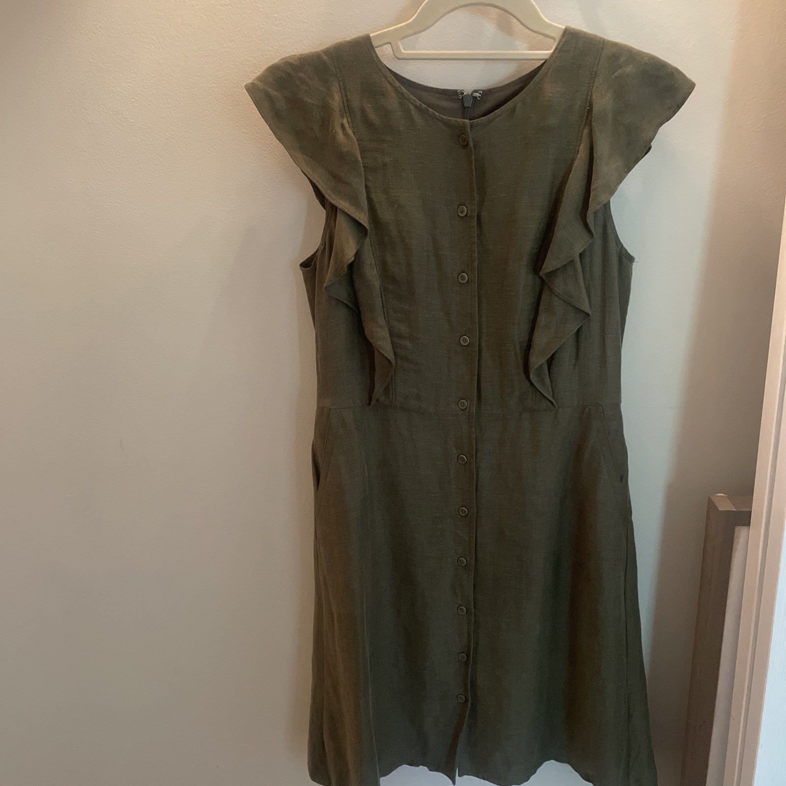 J.Crew Olive Green Ruffle Linen Cupro Blend Dress Sz 4 Knee Length