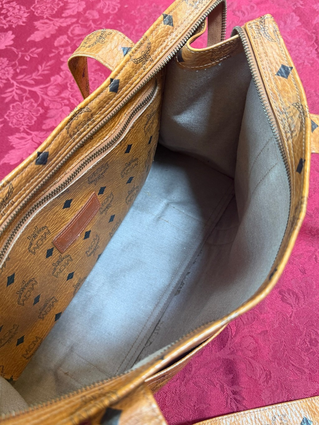 MCM Brown and Black Visetos Logo Rectangular Large Zip Tote