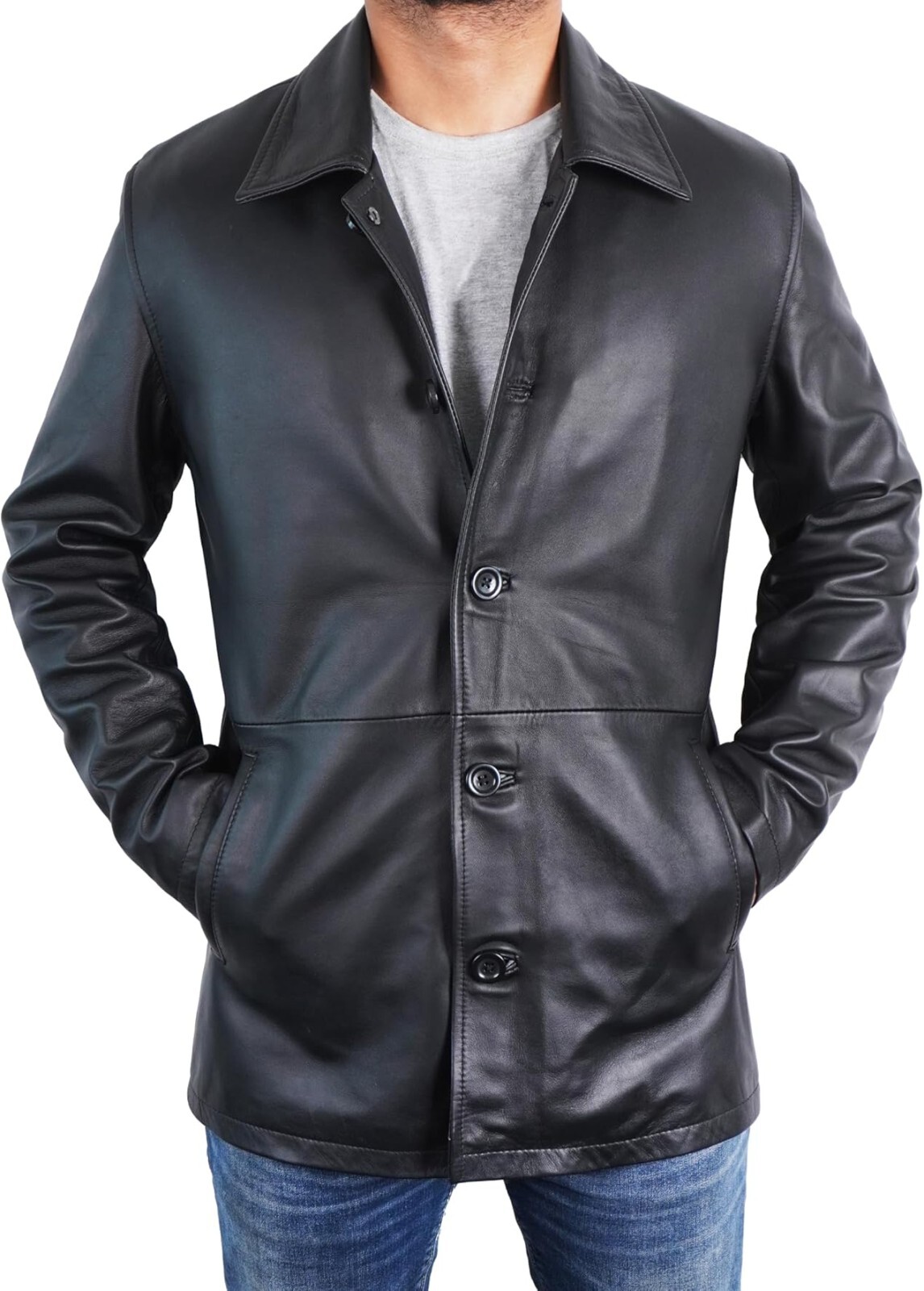 Mens 3/4 Length Classic Car Coat Real Lambskin Knee Length Leather Trench Coat