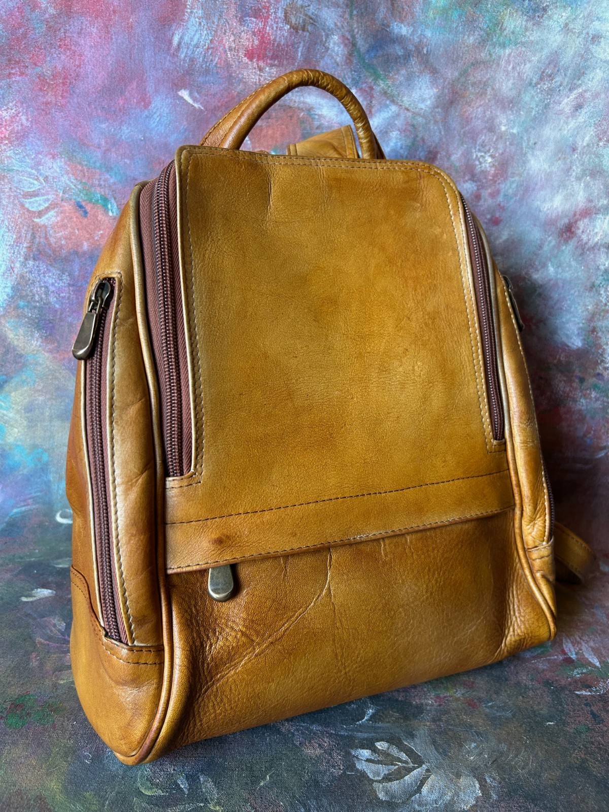 Vintage LE DONNE Saddle-Tan Leather Backpack, Made in Colombia