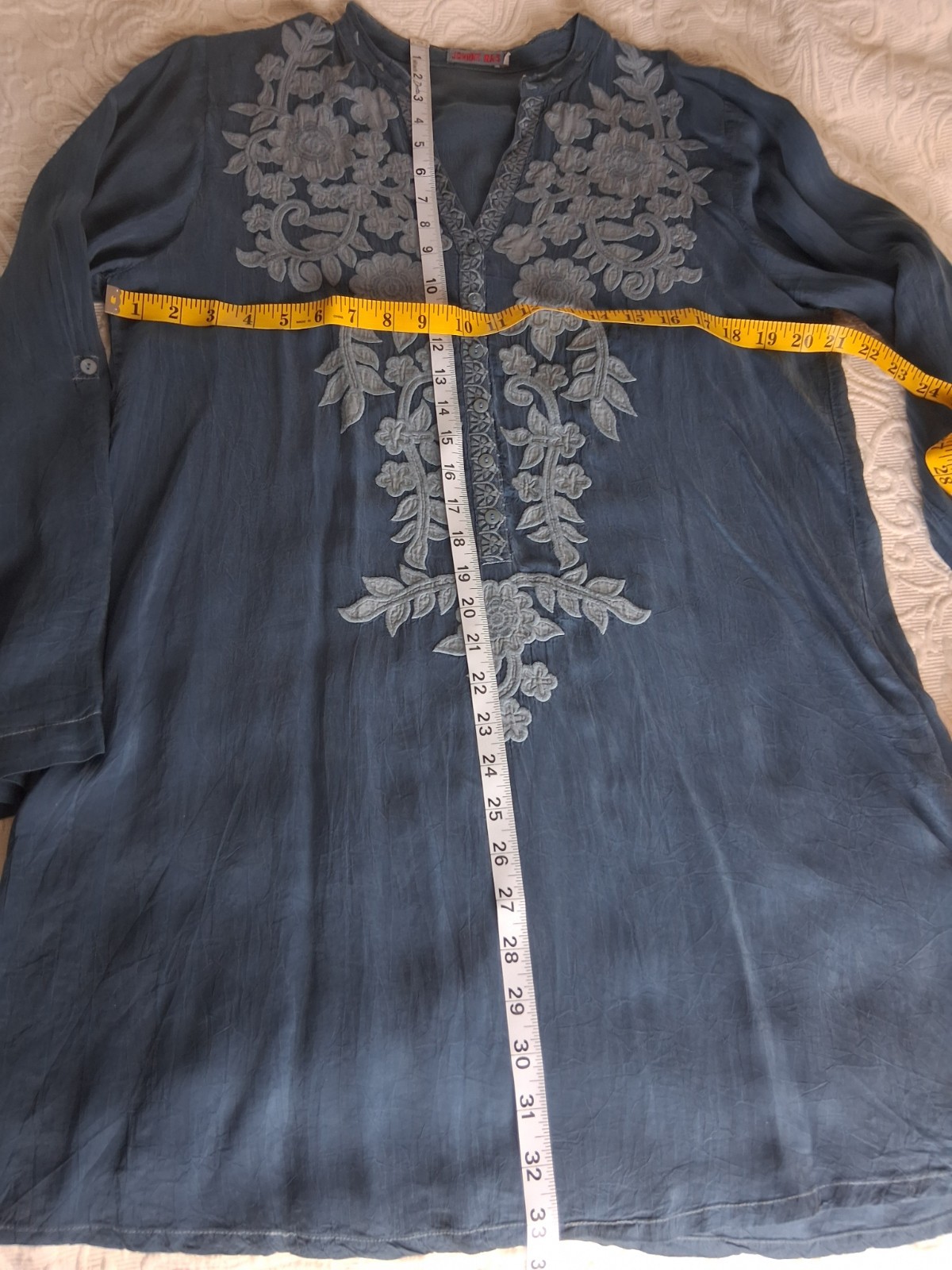 JOHNNY WAS Embroidered Boho Tunic Top, SZ M, Blue Cupra Rayon, Style C11417-7