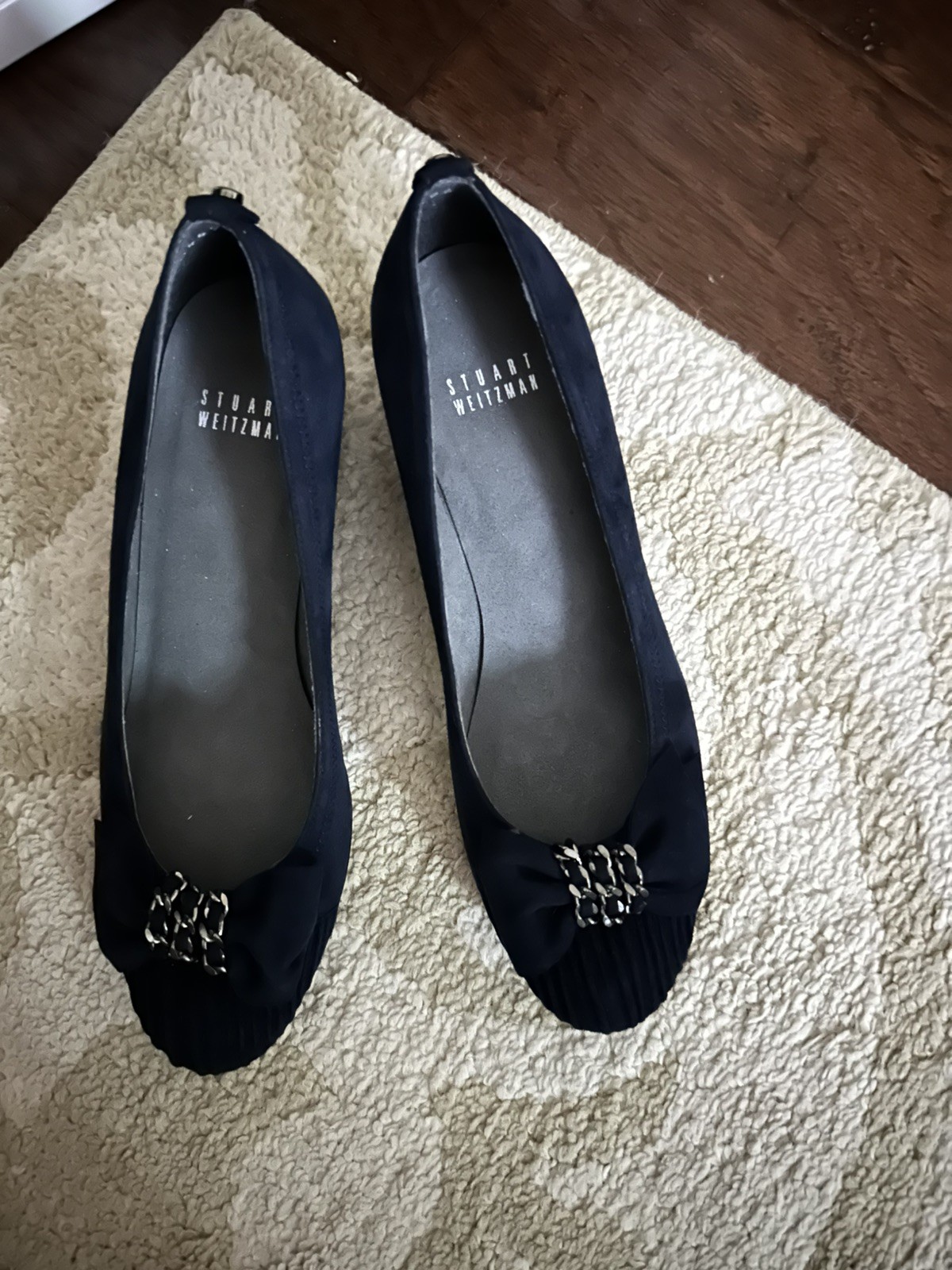 Stuart Weitzman Black Suede Wedge Loafers Bow & Pleats Women’s Shoes Size 7.5