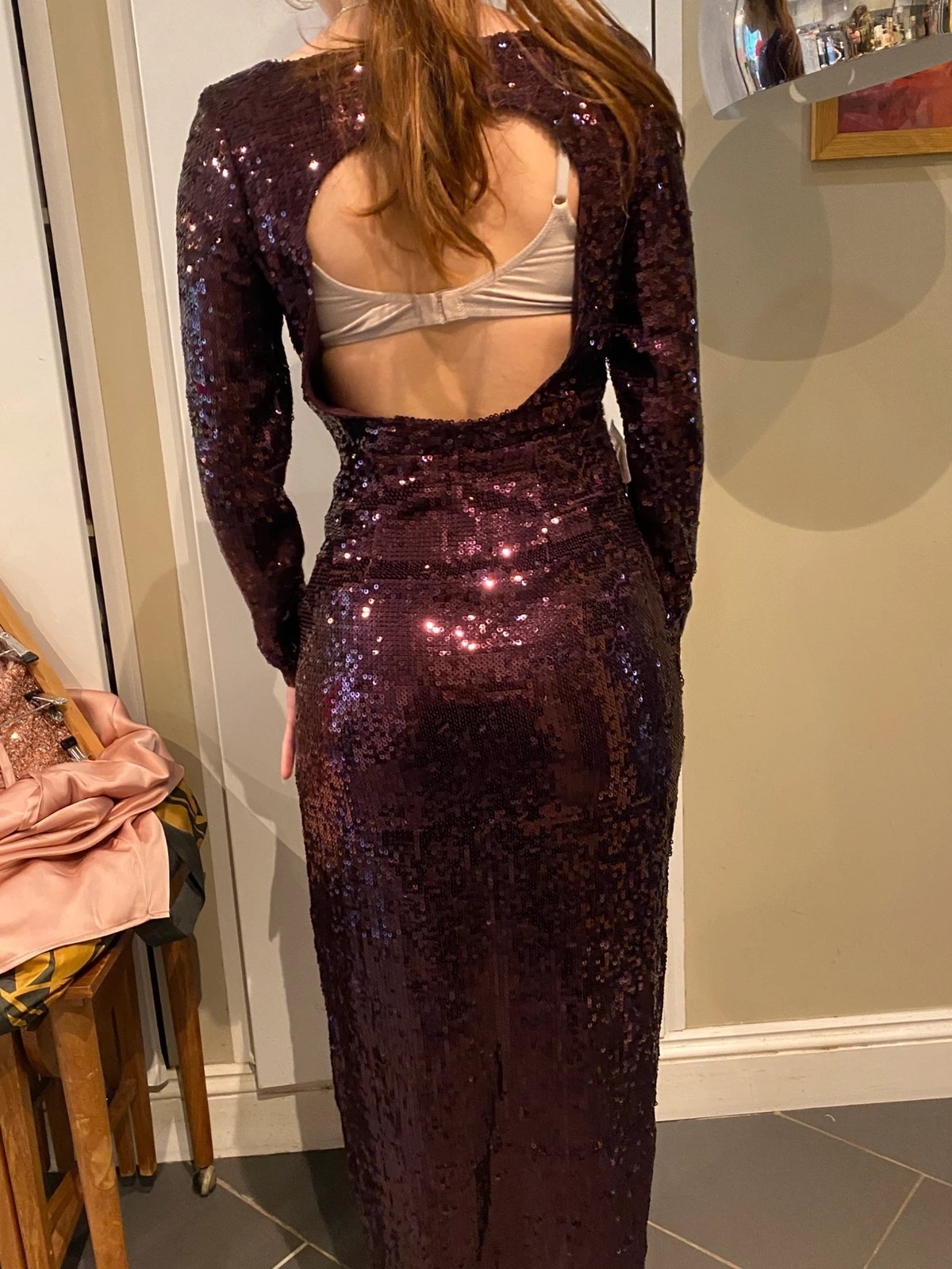 ASOS mulberry sequin maxi gown long sleeves fitted size 10 NEW