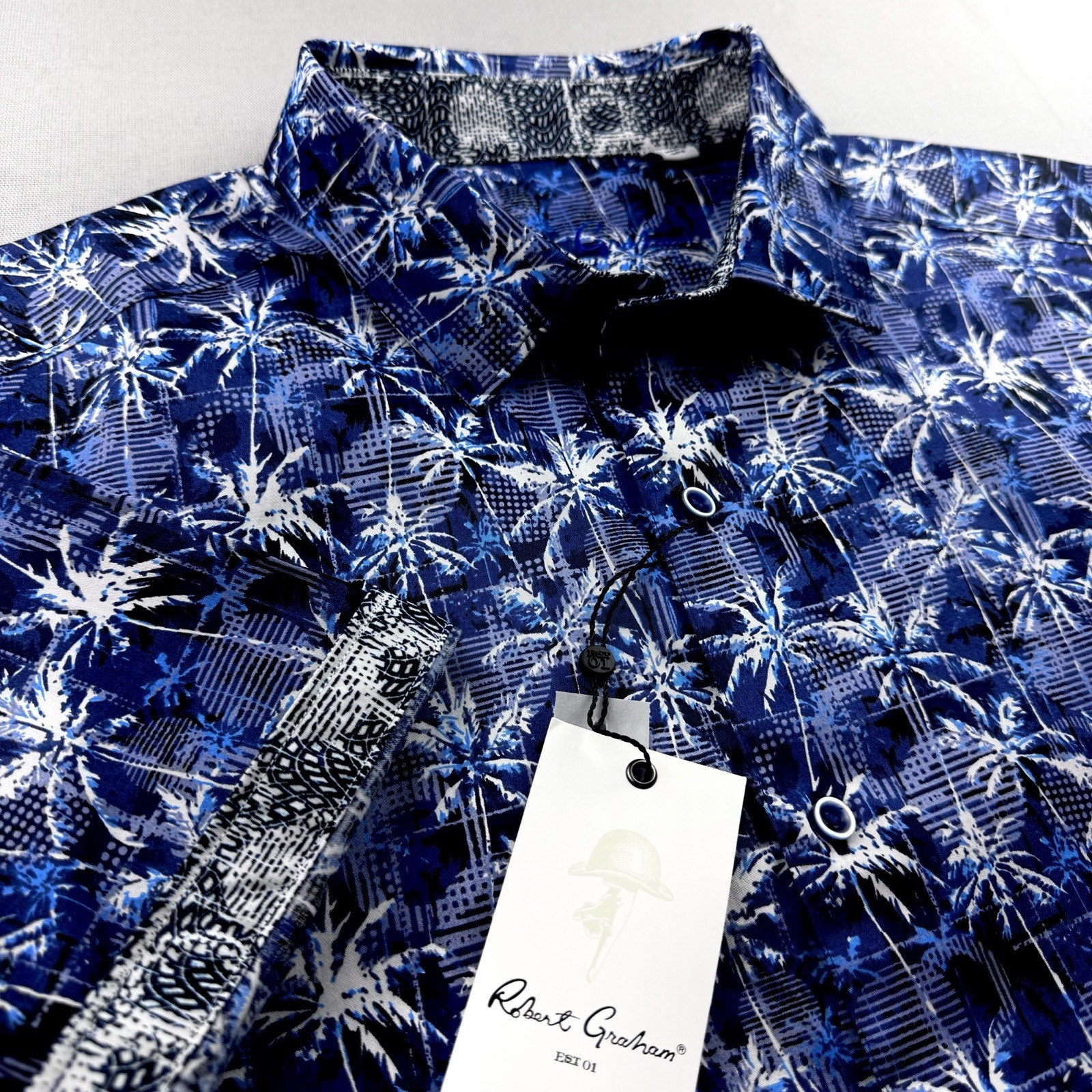 Robert Graham Geometric Floral Palm Tree Abstract Short Sleeve Shirt Blue 2XL