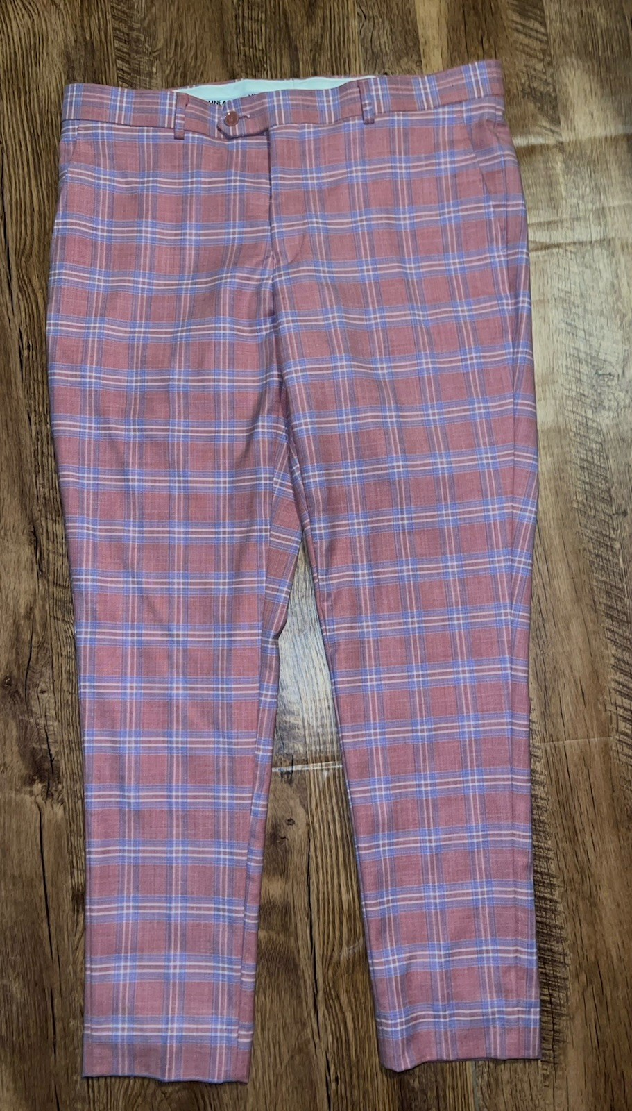 Men’s Lineage Pink Blue Plaid Polyester Blend Blazer Suit Sz 42S Pants 35×29