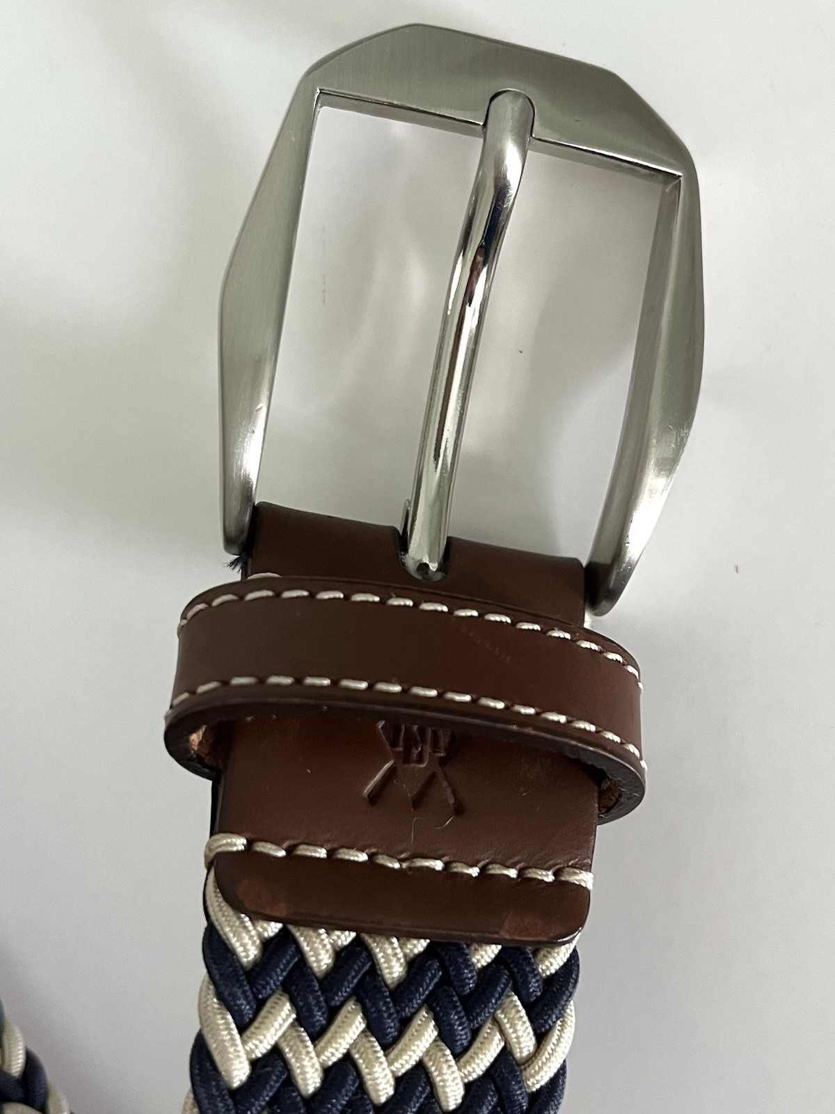 Martin Dingman Leather End Belt Beige Navy Tan Braided Woven Rope Size 34
