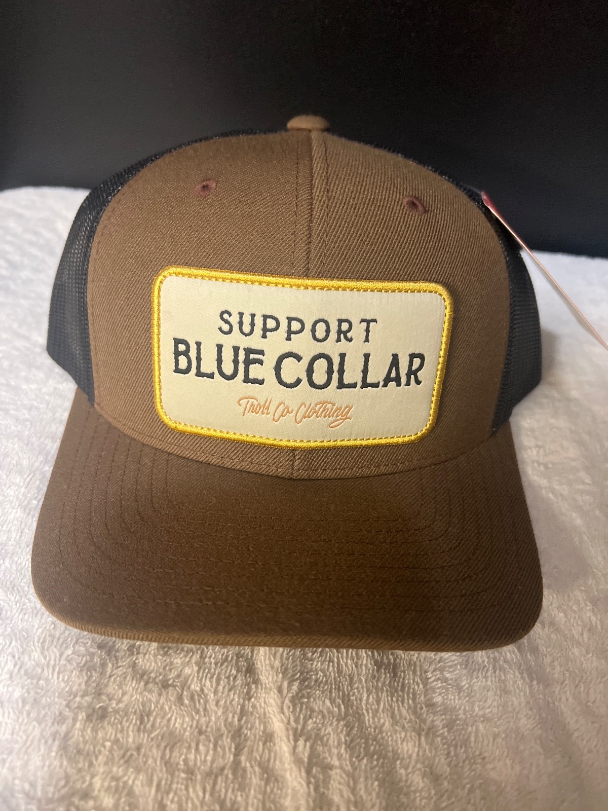 Troll Co. Clothing Snapback Trucker Hat Cap Support Blue Collar -Tan