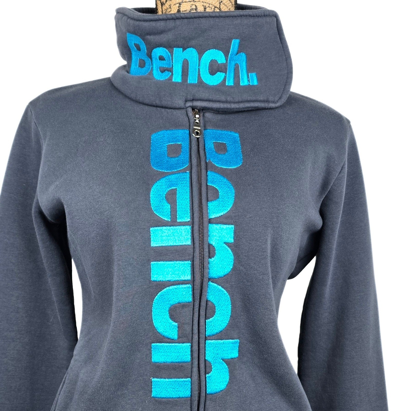 Bench Full Zip Grey Funnel Neck Teal Logo Thumbhole Sweatshirt Womens M