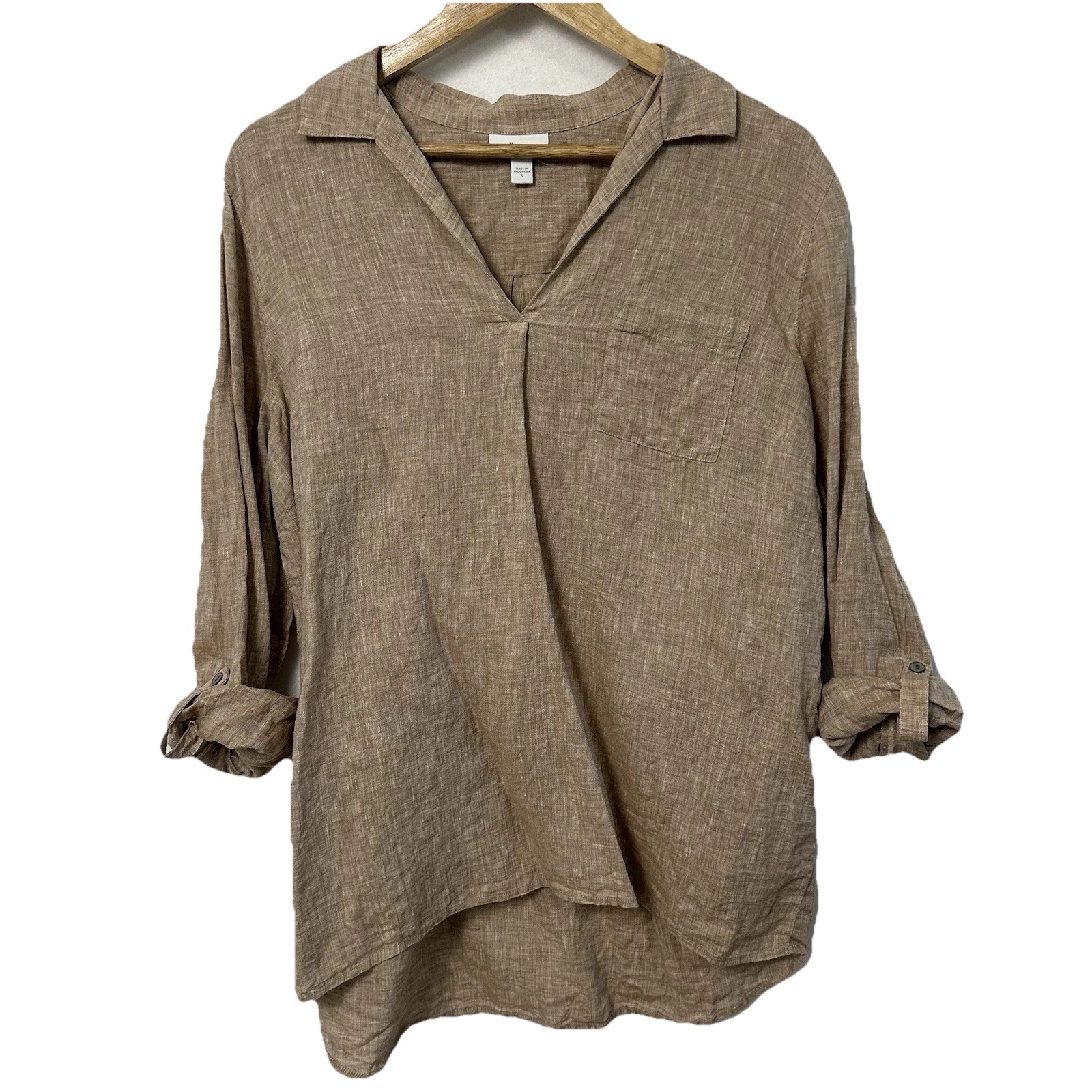 J Jill Love Linen Popover Shirt Women’s Large Brown Long Sleeve Roll Tab