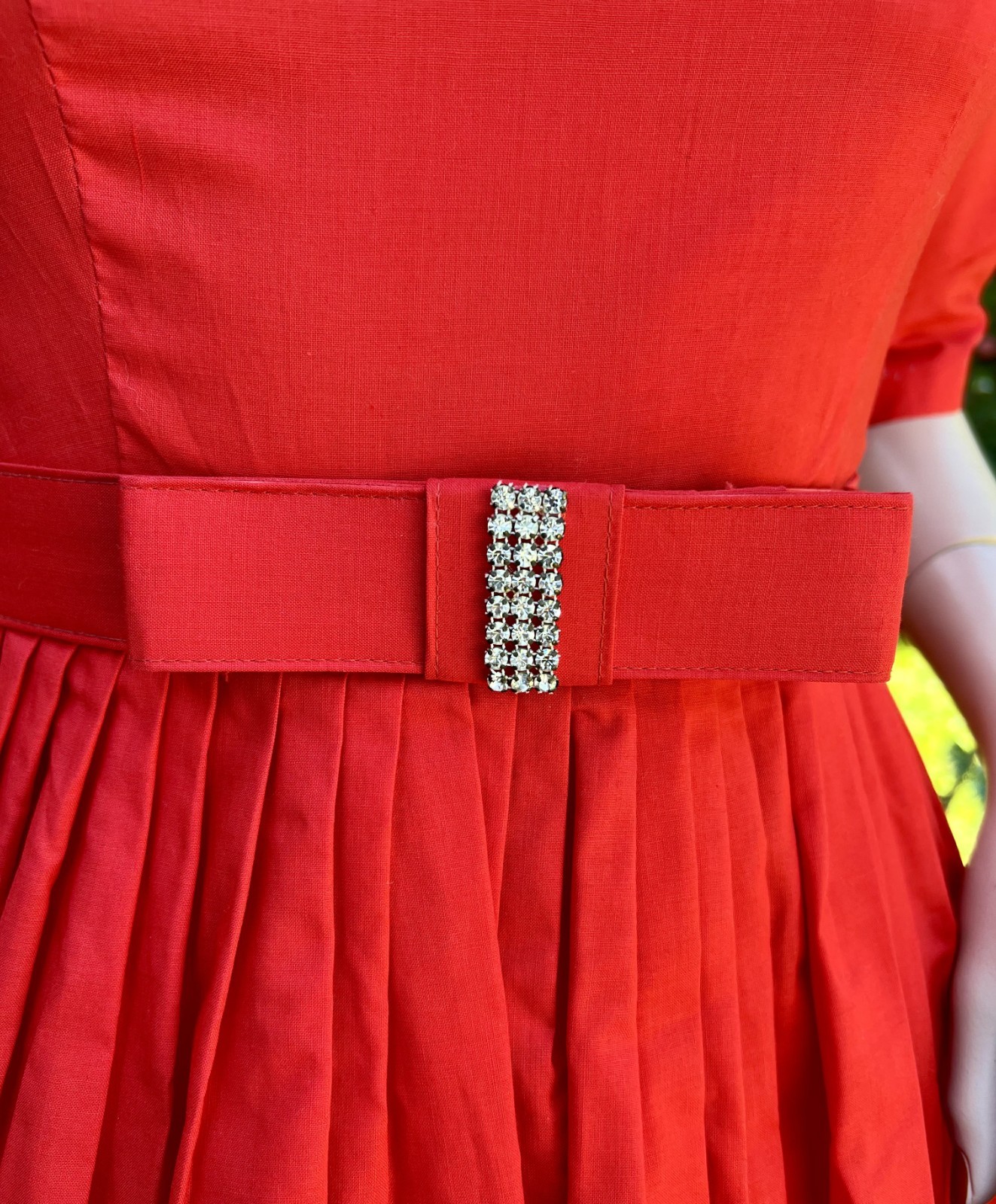 VINTAGE 1960’s RED COTTON FIT & FLARE DRESS W/ RHINESTONE BOW