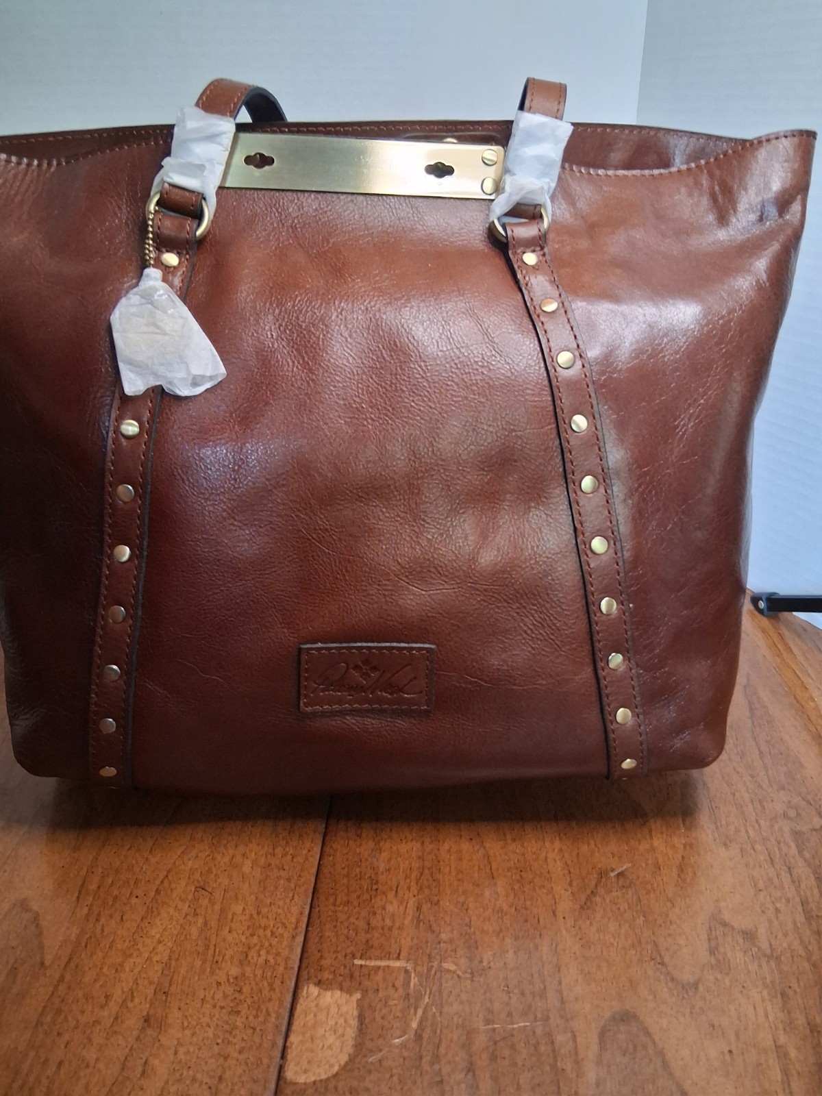 Patricia Nash Brown British Veg Tan Tote Studded Turn Lock Gold Hardware Pockets