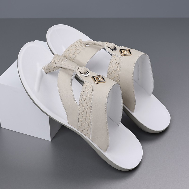 Men’s Metal Decor Thong Slide Sandals, Embossed PU Leather, Comfort Rubber Sole