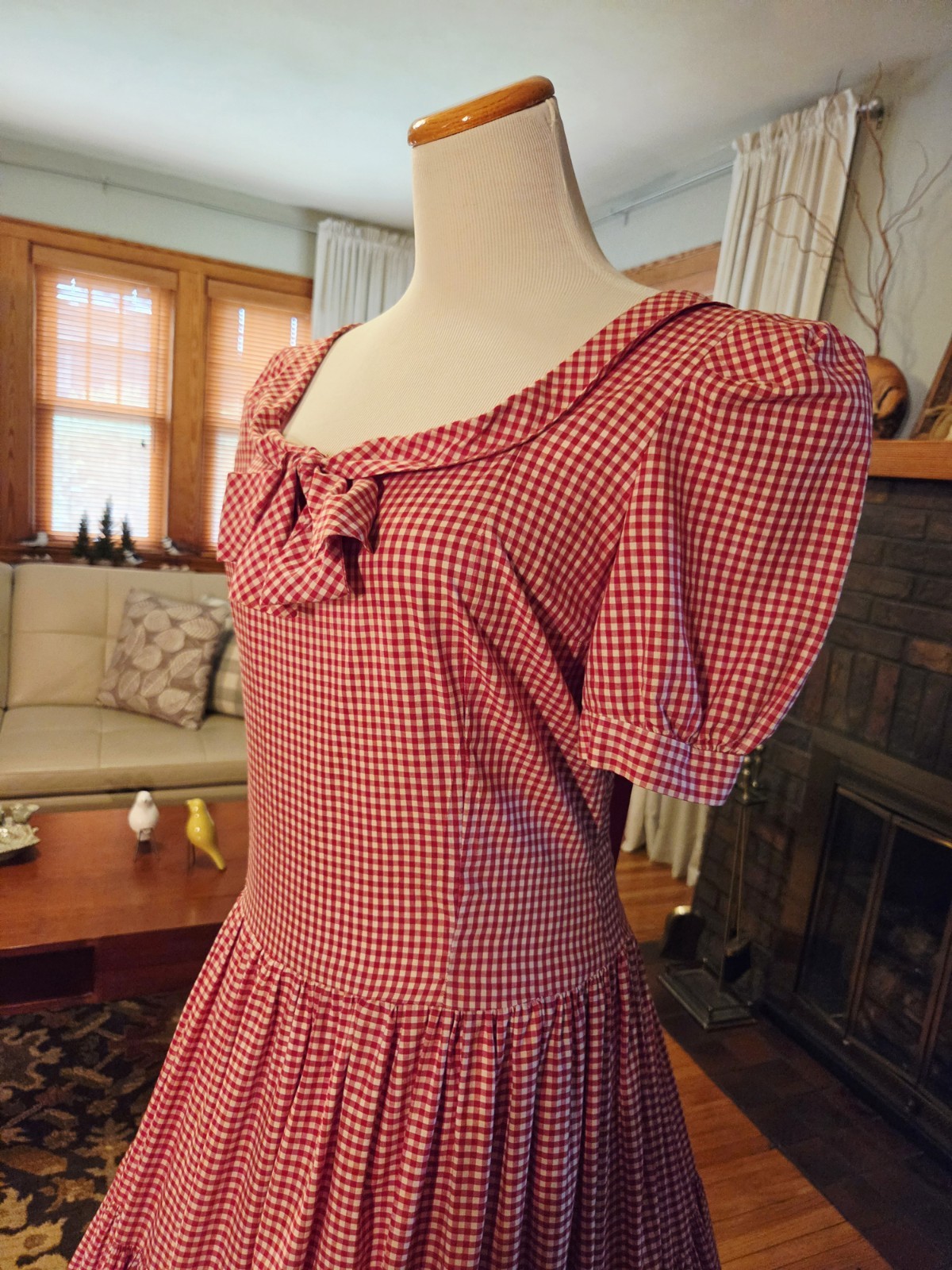 Vintage 40s 50s tiered long Red Gingham dress, Stupendous 600″ sweep! B42″, W34″