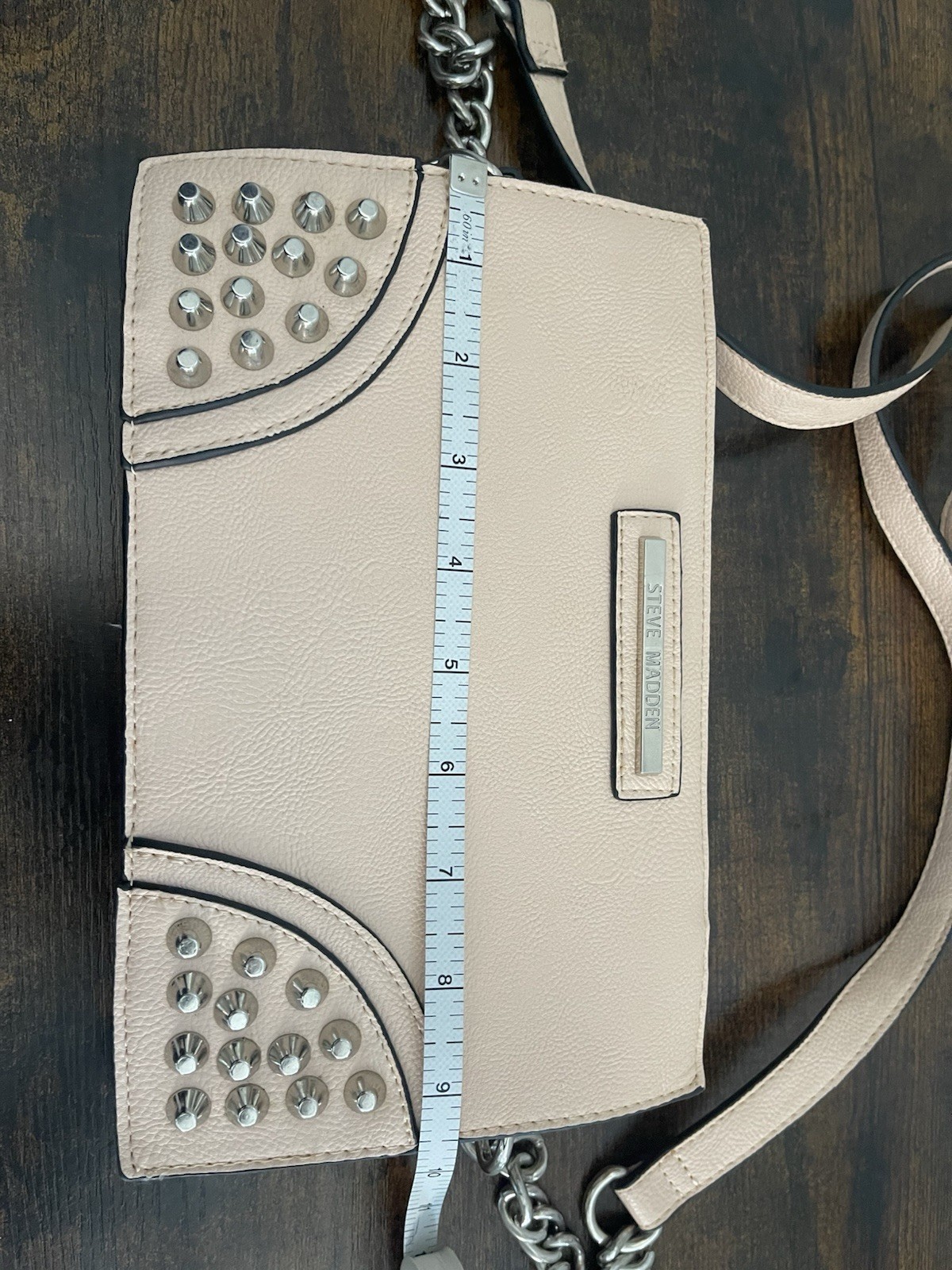 Steve Madden Beige Studded Crossbody Bag Zip Top Chain Strap Silver Small