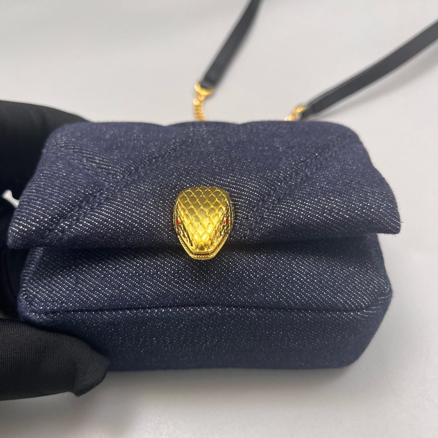 Authentic Bvlgari Serpenti Forever Mini Chain Bag Denim Crossbody Bag Navy Blue