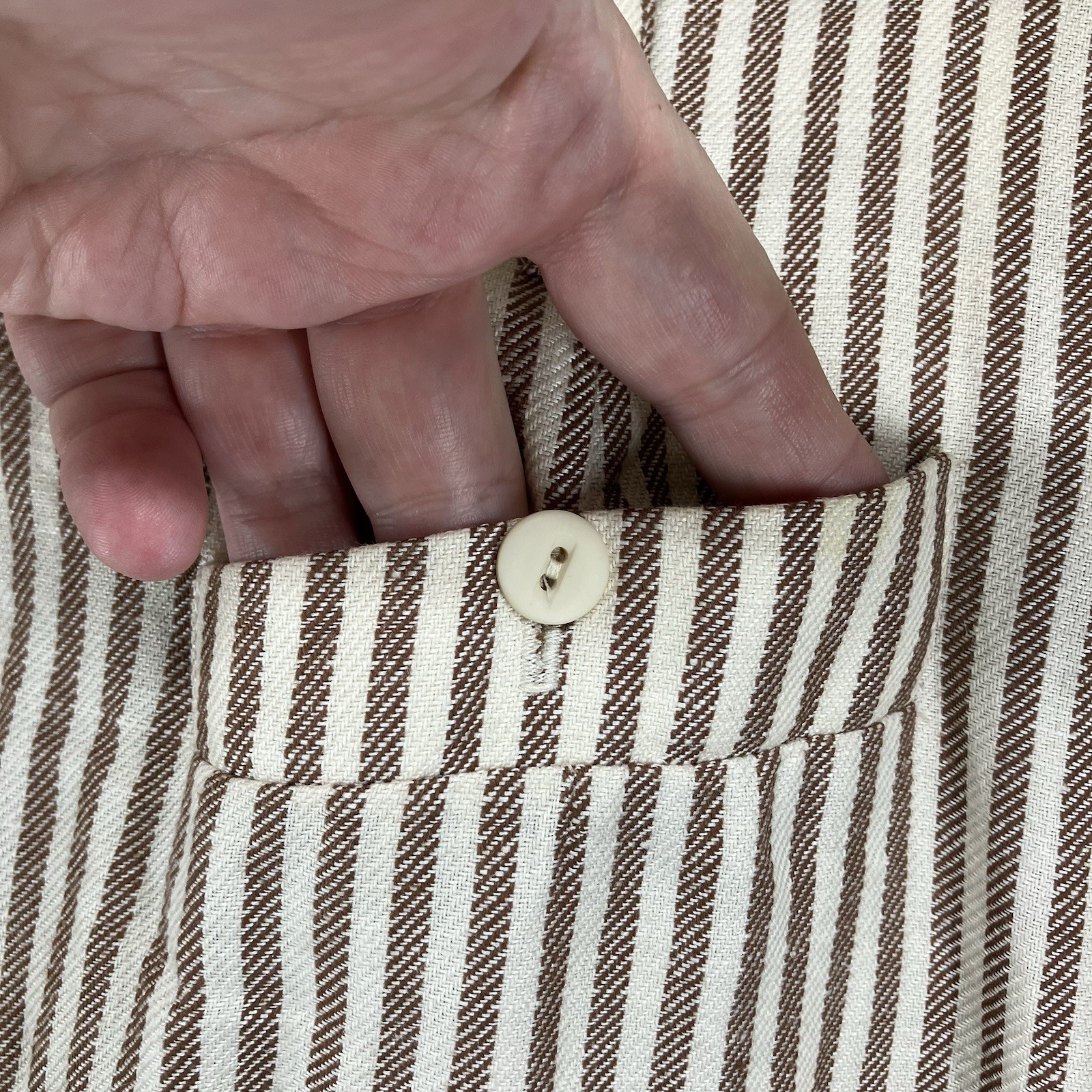 Vintage Women’s Linen Blend Paper Bag Waist Pleated Pants Beige Brown Striped 12