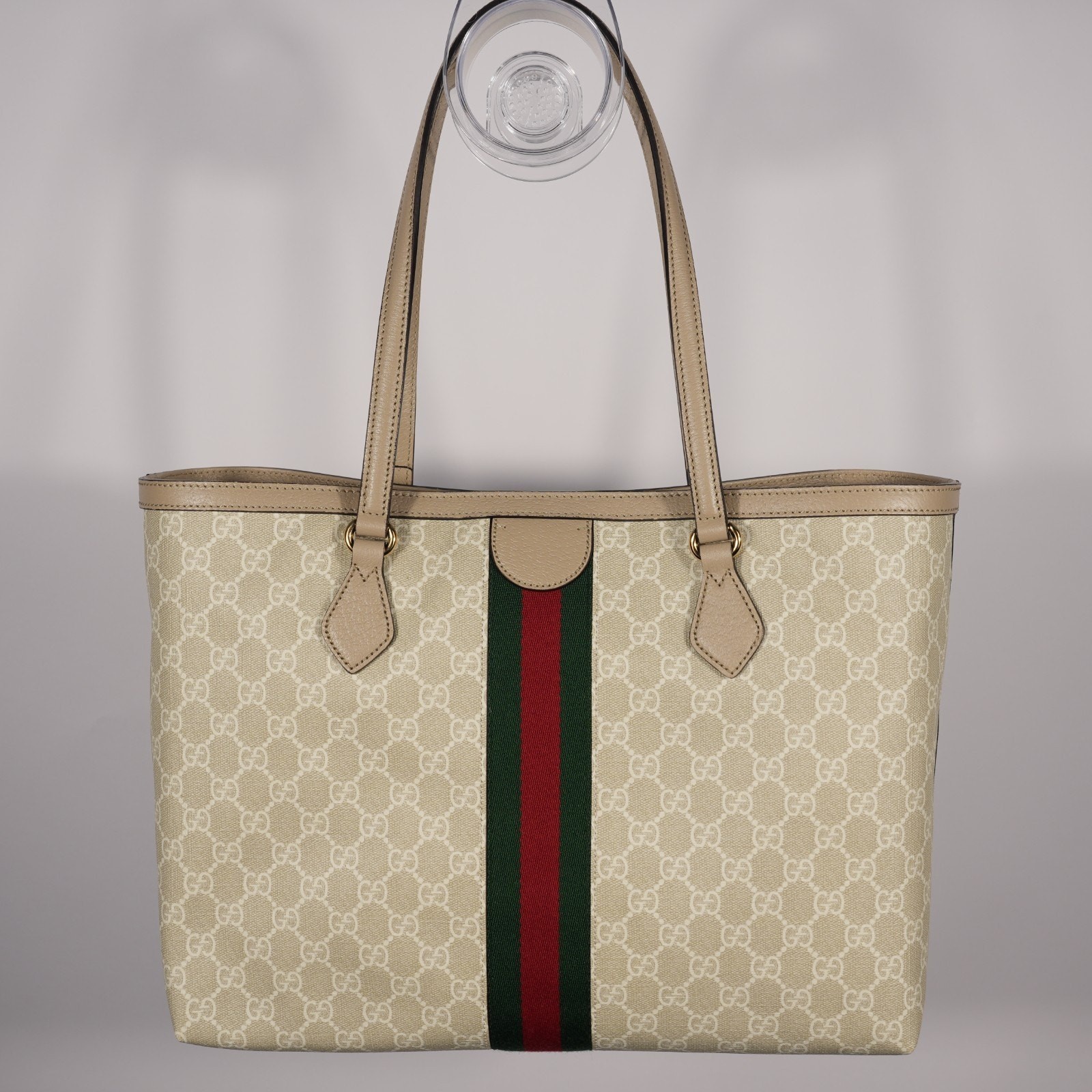 Gucci GG Supreme Monogram Dollar Calfskin Web Medium Ophidia Tote Beige Leather