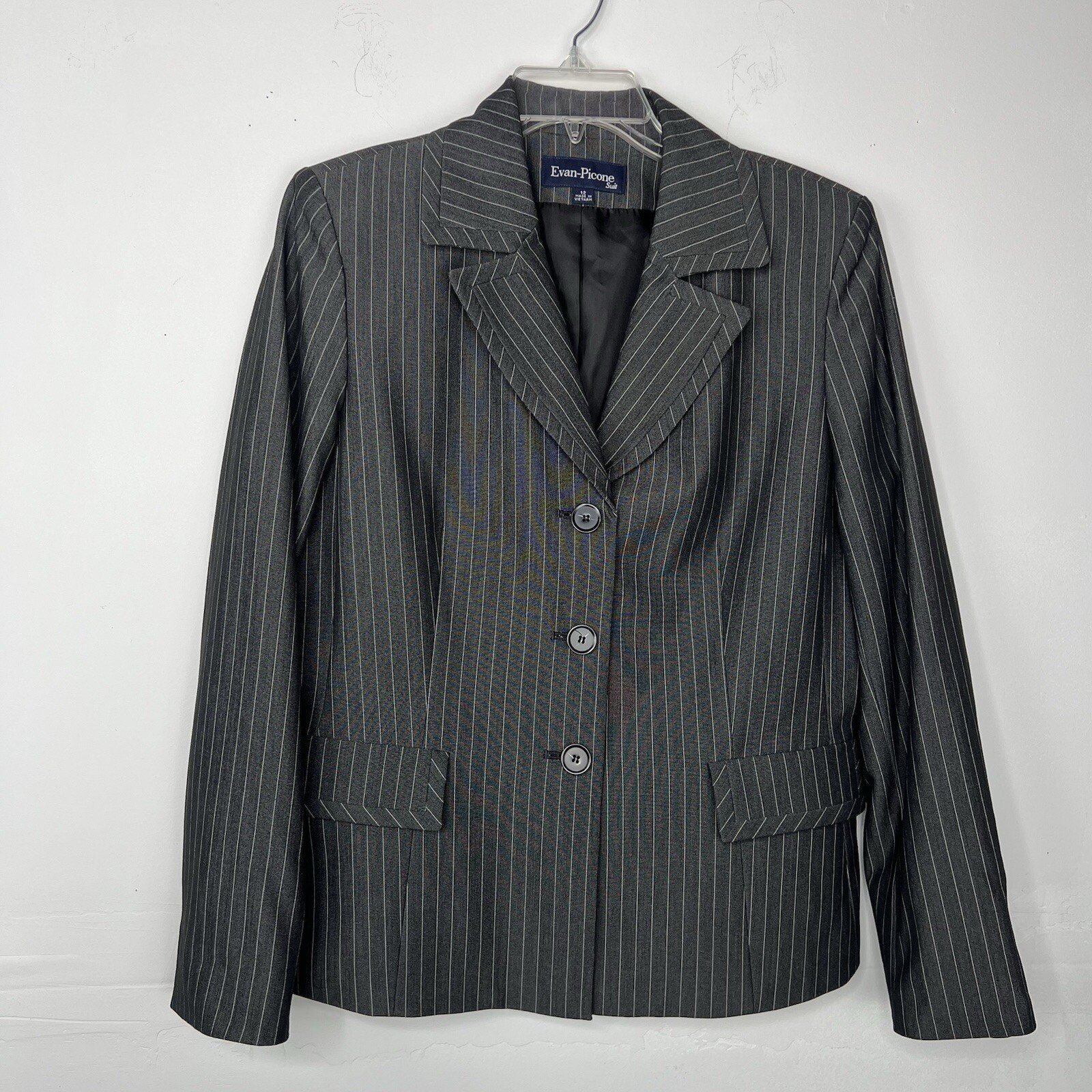 Evan Picone Polyester Rayon Stretch Skirt Suit 12 Charcoal Striped Business 2PC