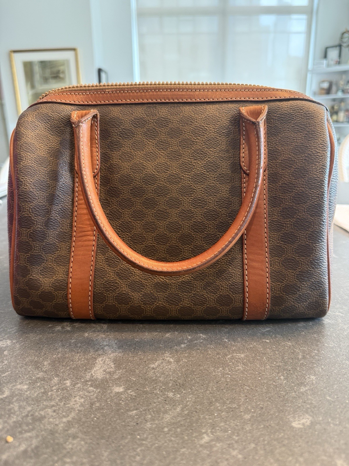 Authentic Vintage Celine Macadam Boston Bag Brown Leather Italy Satchel