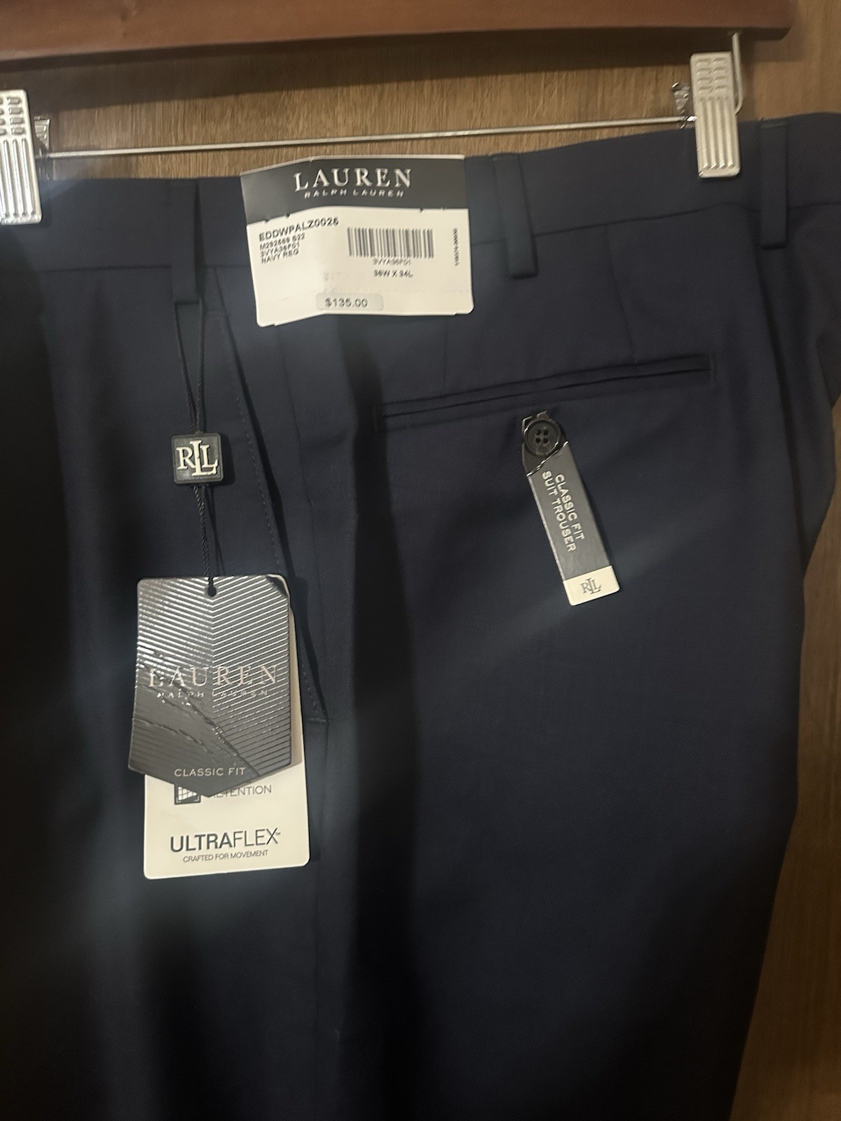 NWT Ralph Lauren Navy Reg. Classic Fit Suit Trouser Men Pants Slacks 36×34 L#EB5