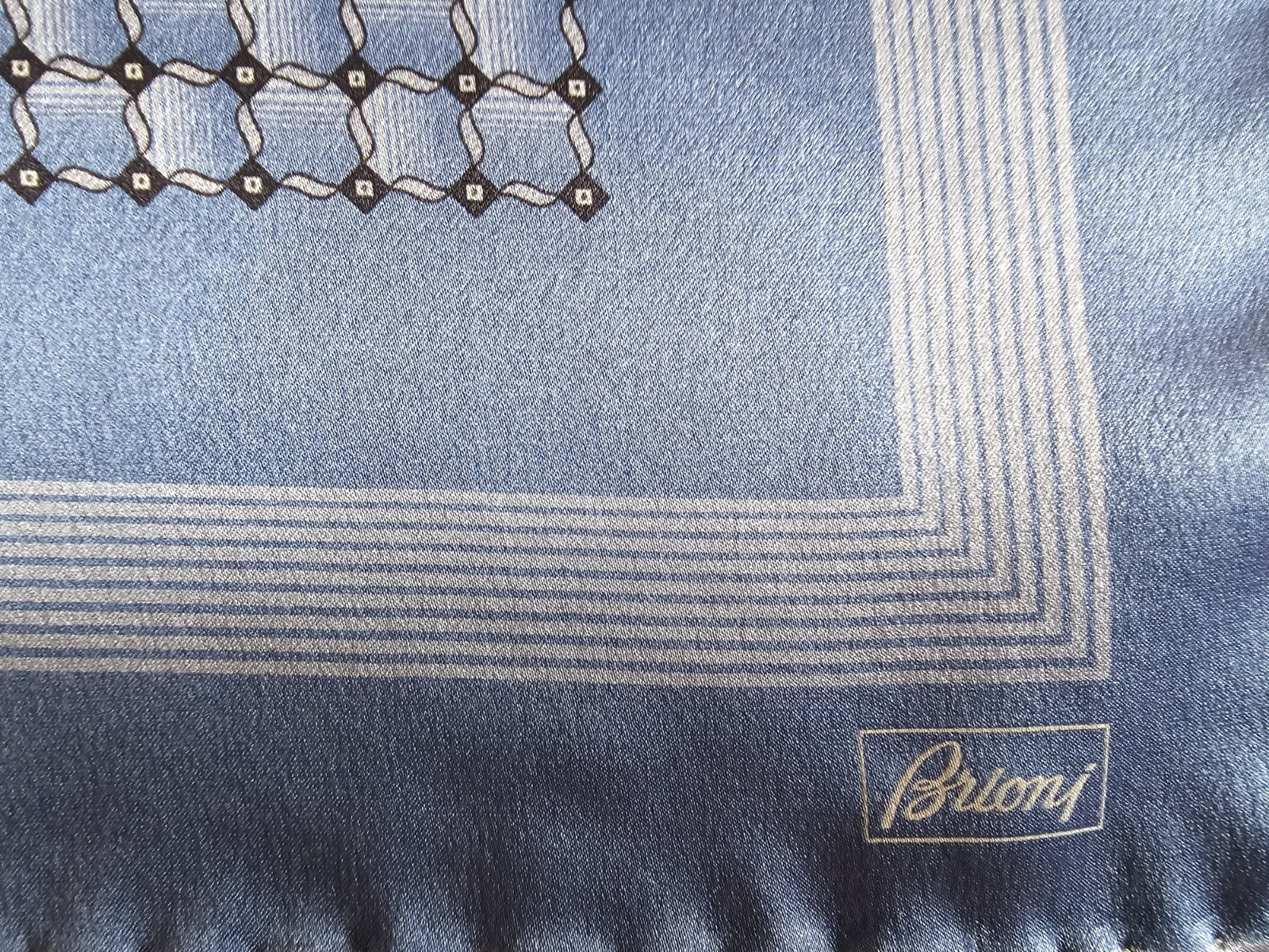 Brioni Silk Pocket Square Blue and Black Medallion Made in Italy Luxury