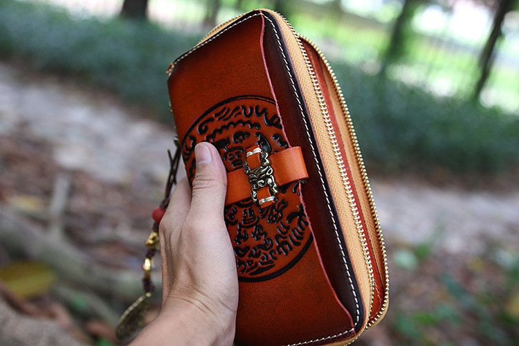 Leather Long Wallet Carved Hand Tooled Zip Around Clutch Purse +Amulet Pendant