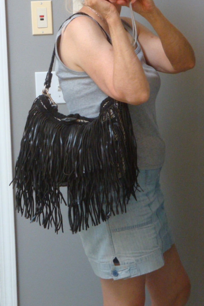 SAM EDELMAN Black Fringe Leather Large Hobo Handbag Boho Hippie Festival Biker