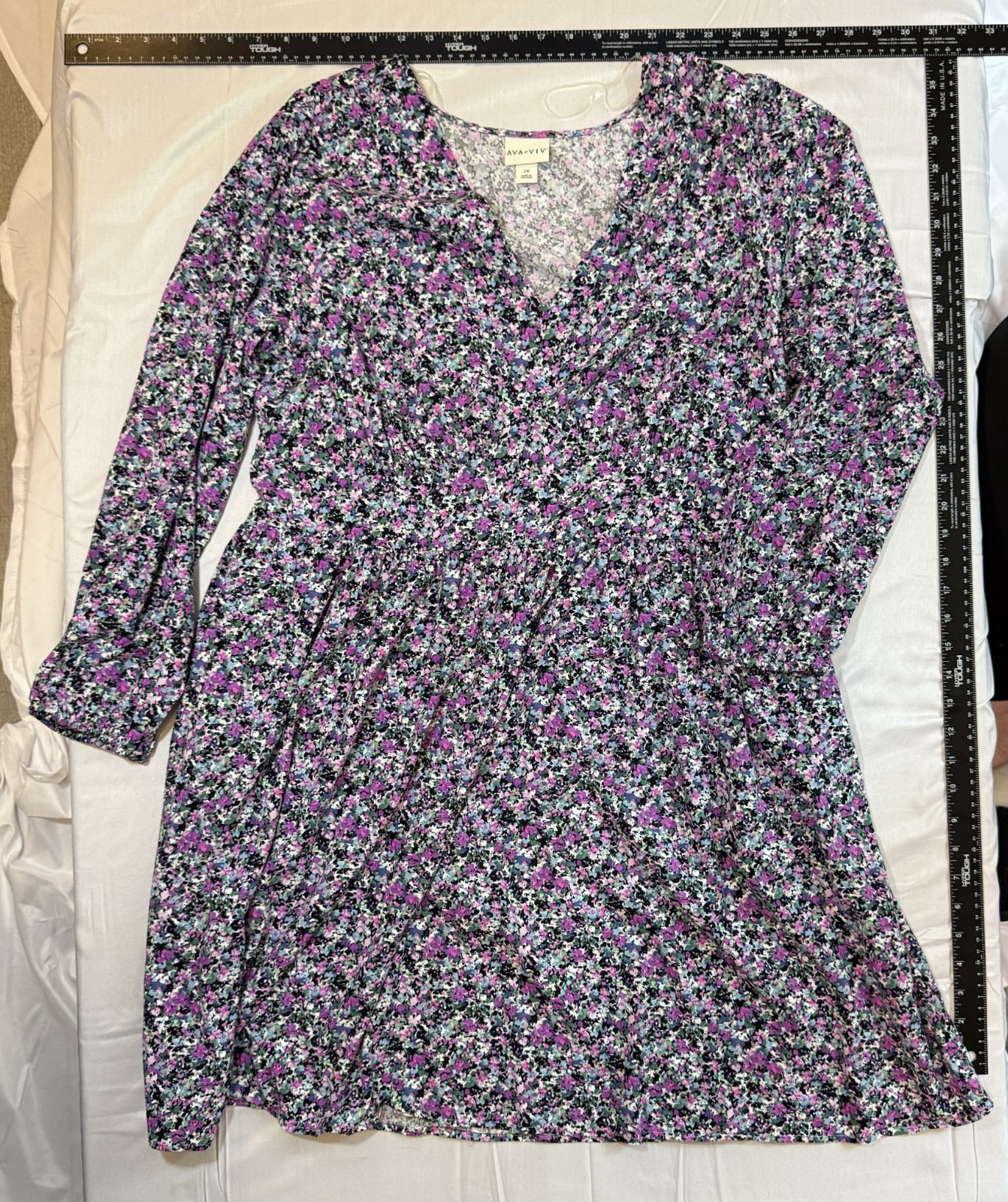 Ava & Viv Womens Dress 2X Knee Length Floral V-Neck Long Sleeve Stretch