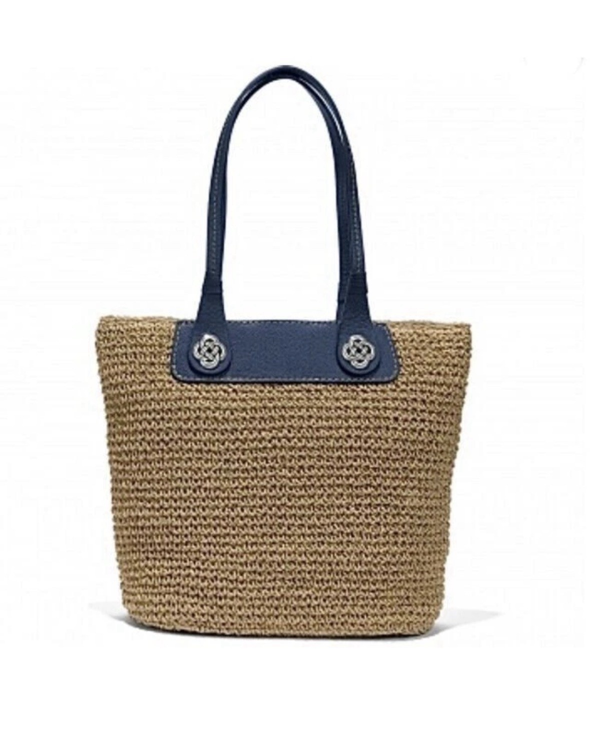 Pristine $325 Brighton Interlock Lena Straw Leather Trim Tote Navy French Blue