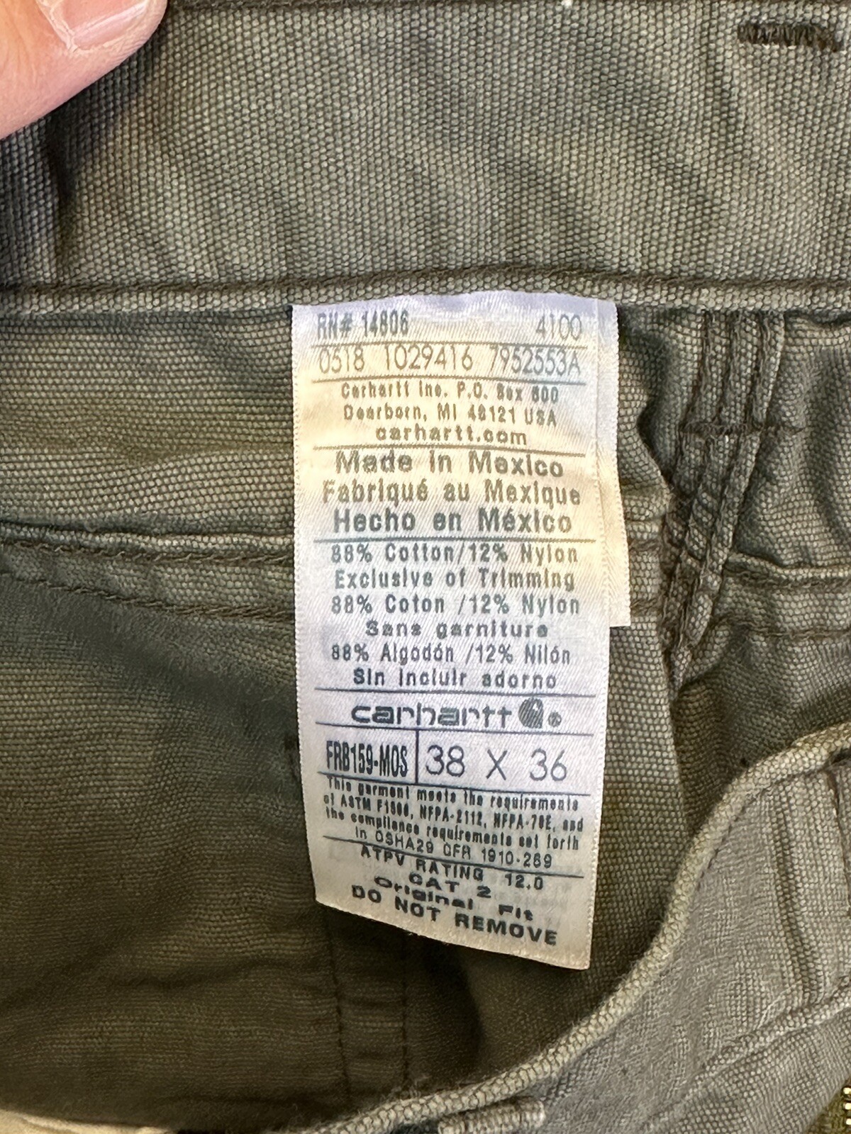 Carhartt Men’s 38 x 36 Flame Resistant Canvas Pant – Moss NEW