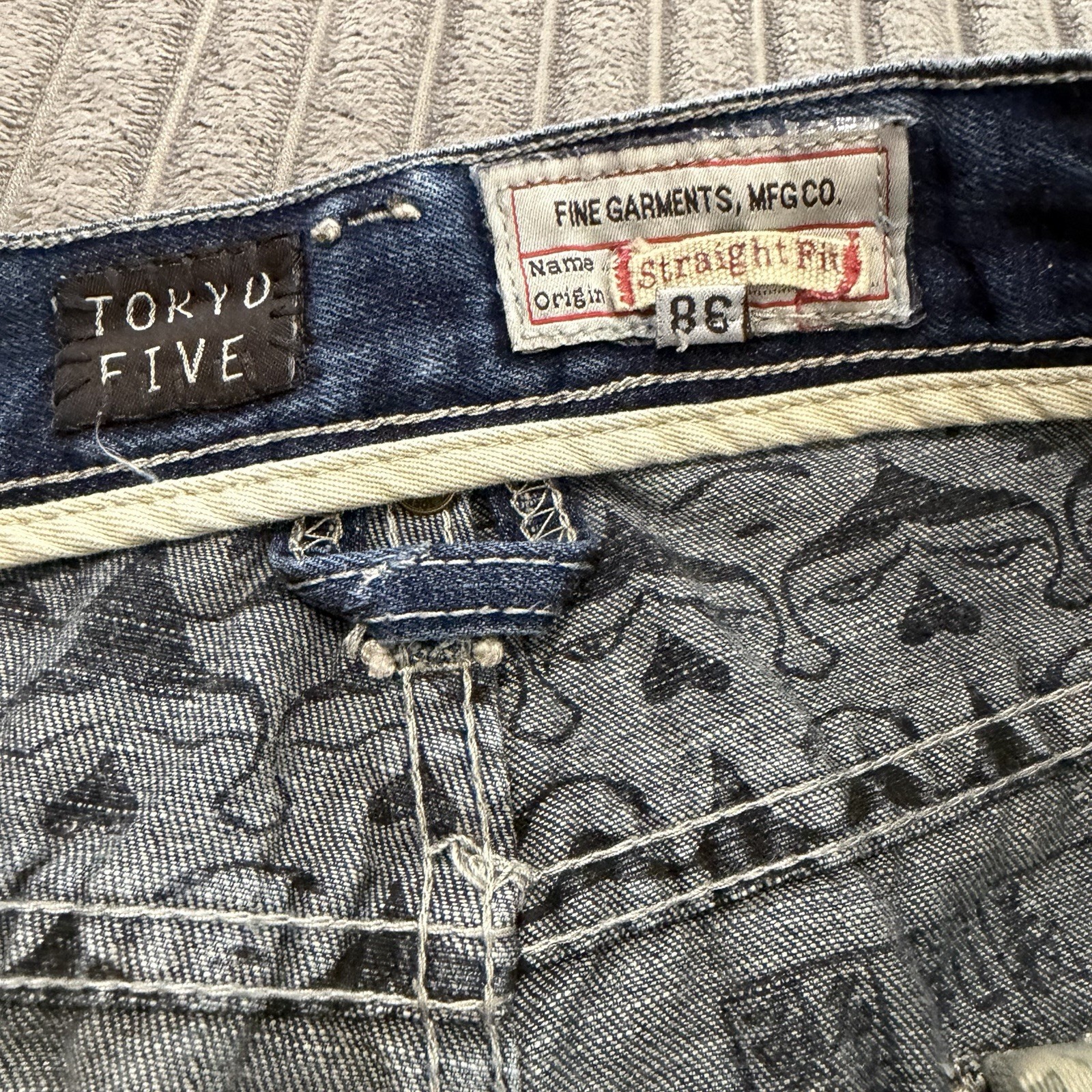 Tokyo Five The Way Jeans Mens 38×32 Blue Denim Whiskered Cotton Button Fly Pants