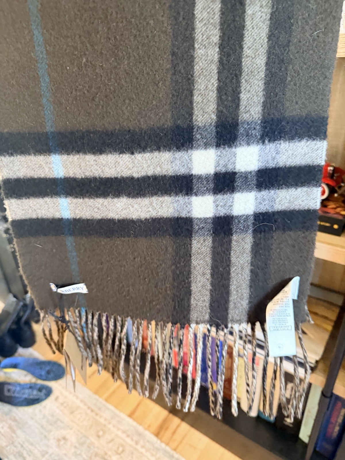 Burberry Cashmere Plaid Fringe Rectangle Scarf Gray Black Blue Women