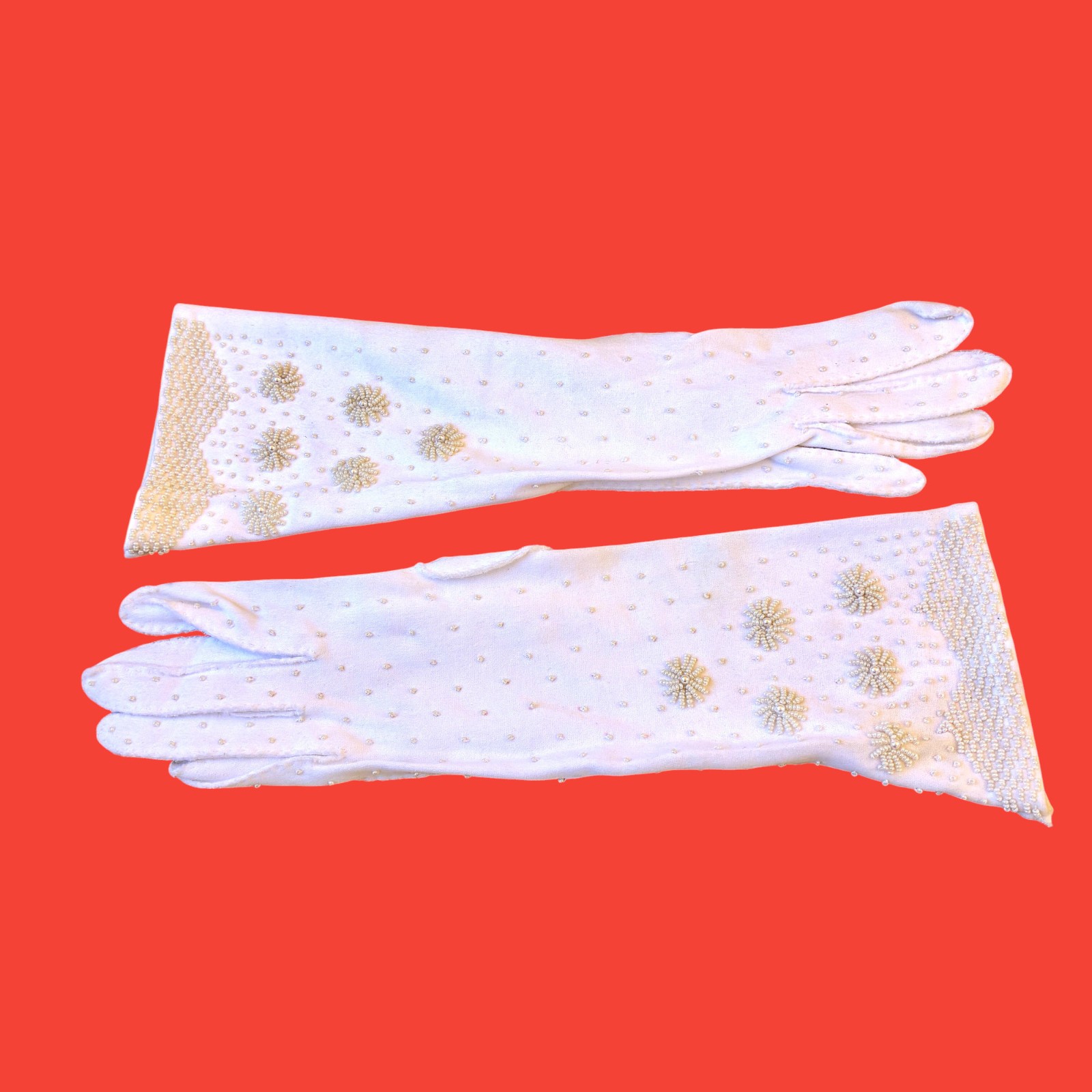 Vintage Hong Kong White Gloves With Beads Flowers Mid Elbow Length Womens 7