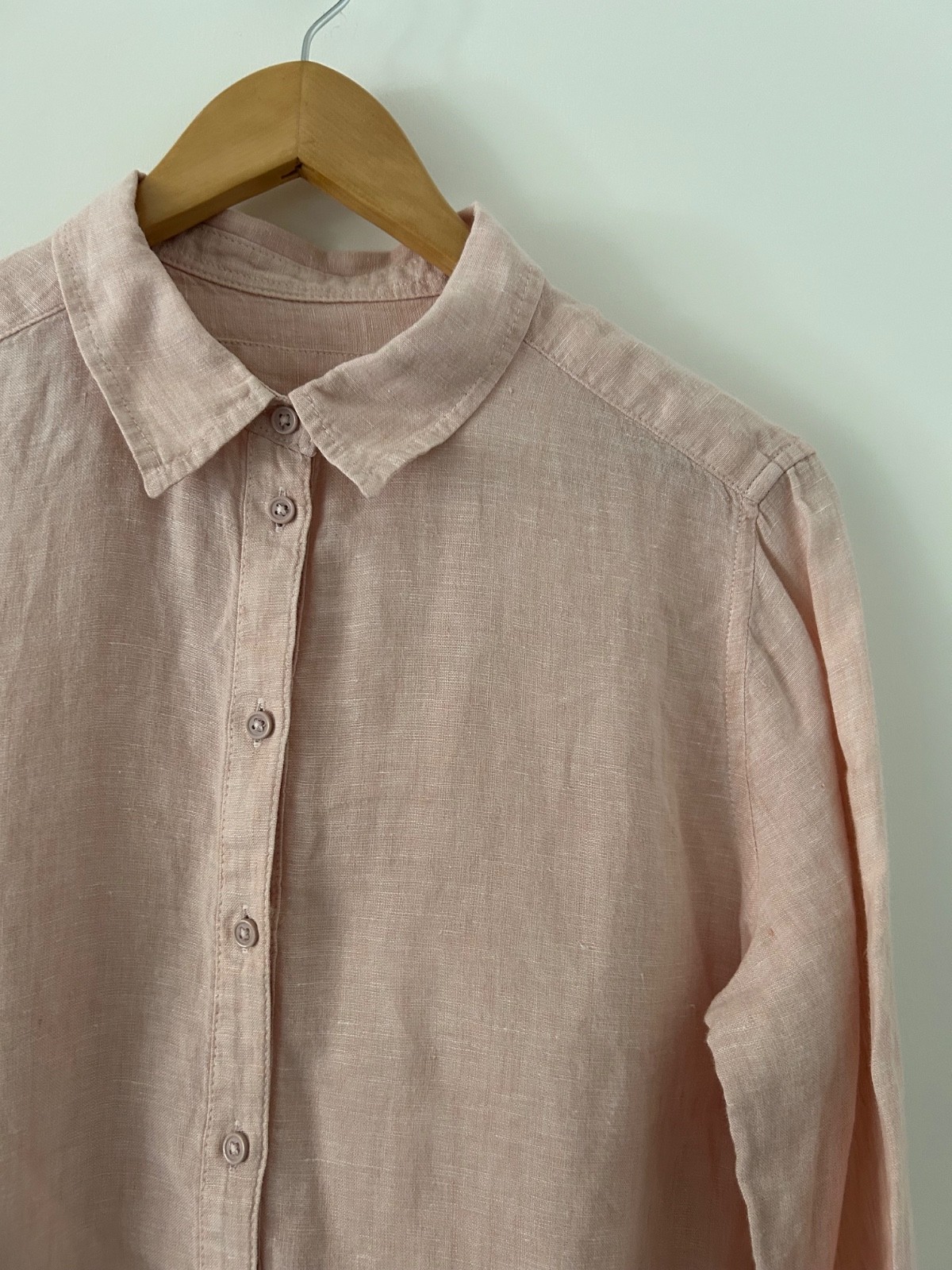 M&S Pure Linen Shirt Blouse Size 12 Pale Pink Long Sleeve Summer Holiday VGC