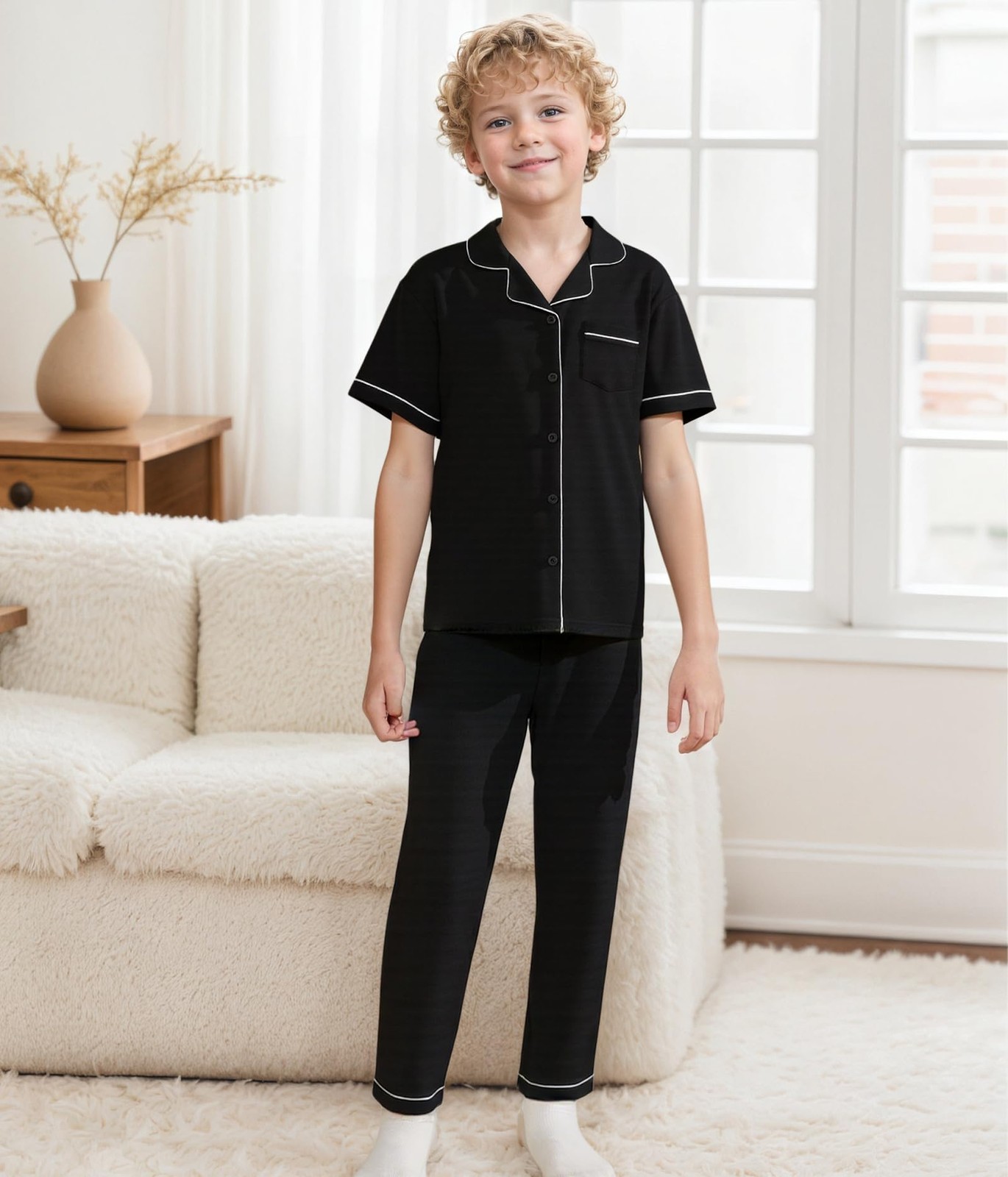 Aablexema Unisex Kids Pajamas Set Cotton Short Sleeve Sleepwear Button-Down and