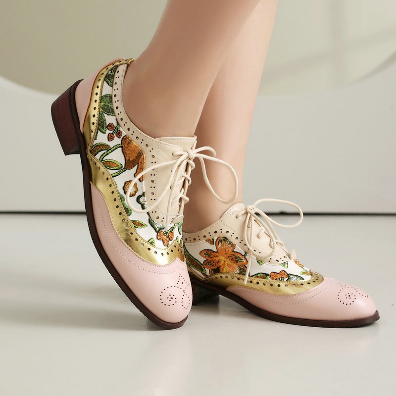 Women’s Ethnic Oxfords Colorblock Patchwork Shoes Floral Two Tone Low Heel Pumps