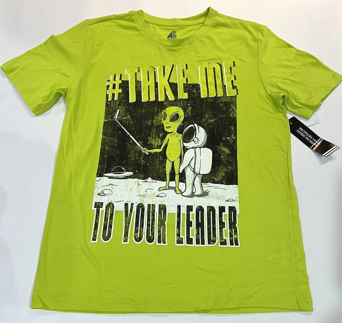 ADTN Take Me To Your Leader Fluorescent Green Tee Alien, Men’s Size L, XL