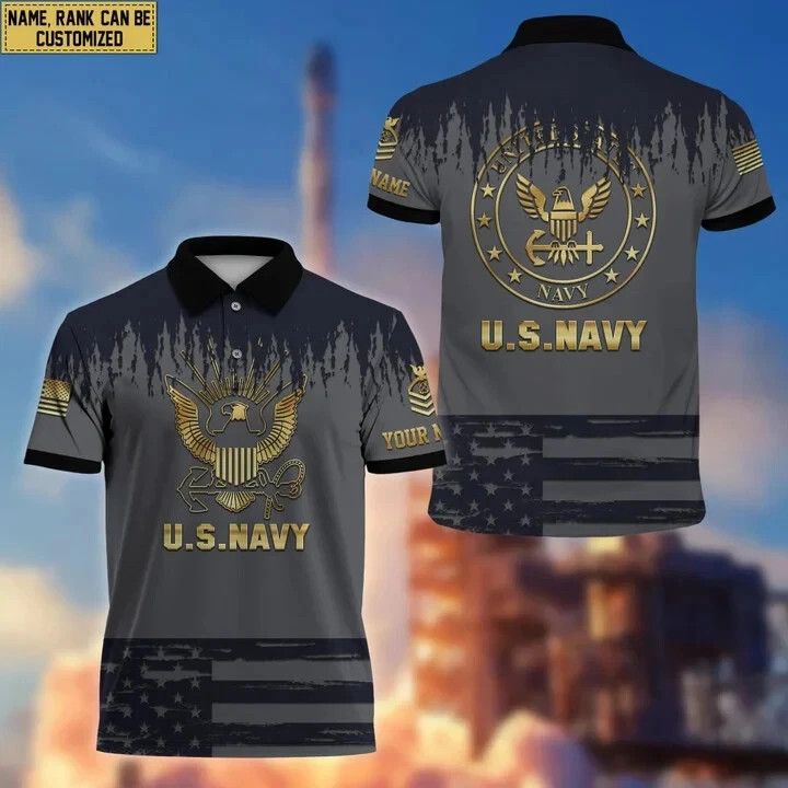 Custom Name Rank Us Navy Military Veteran Polo Shirt 3D T-Shirt Full Size