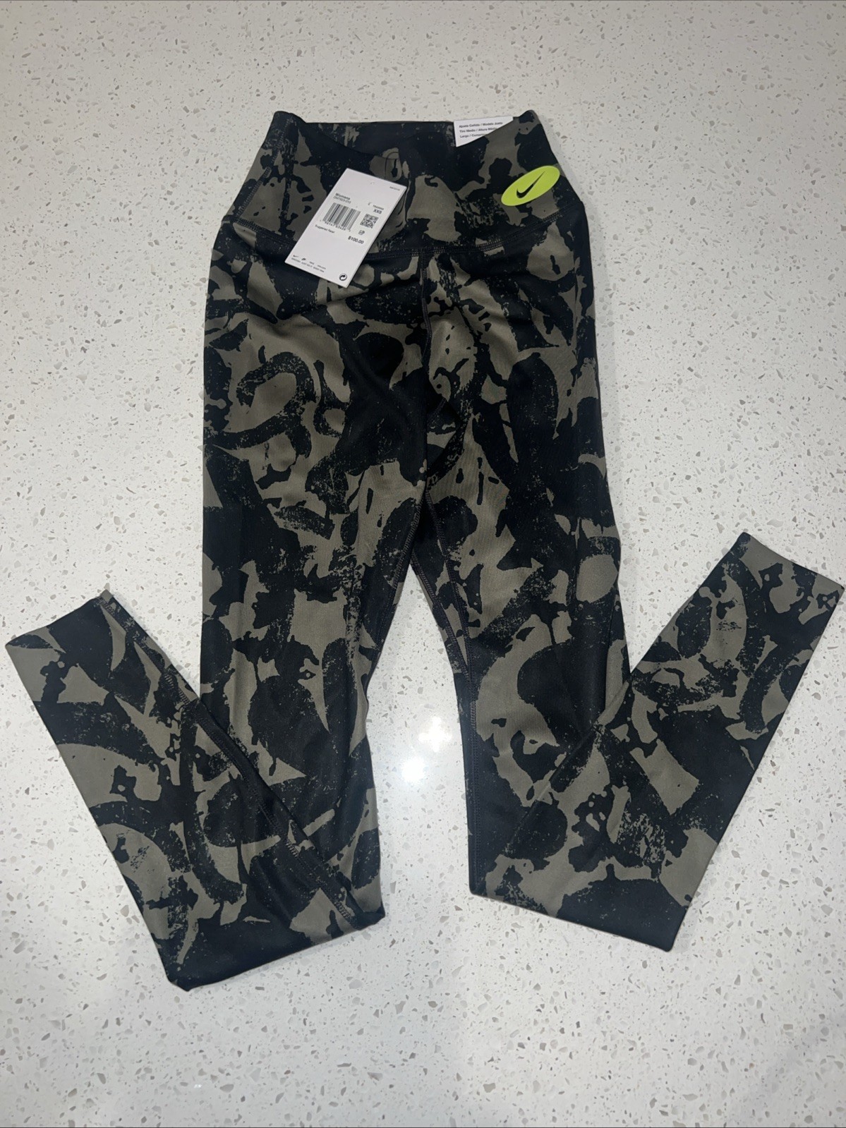 NIKE Khaki Green Black One Luxe Icon Clash Dri-Fit Mid Rise Active Leggings XXS