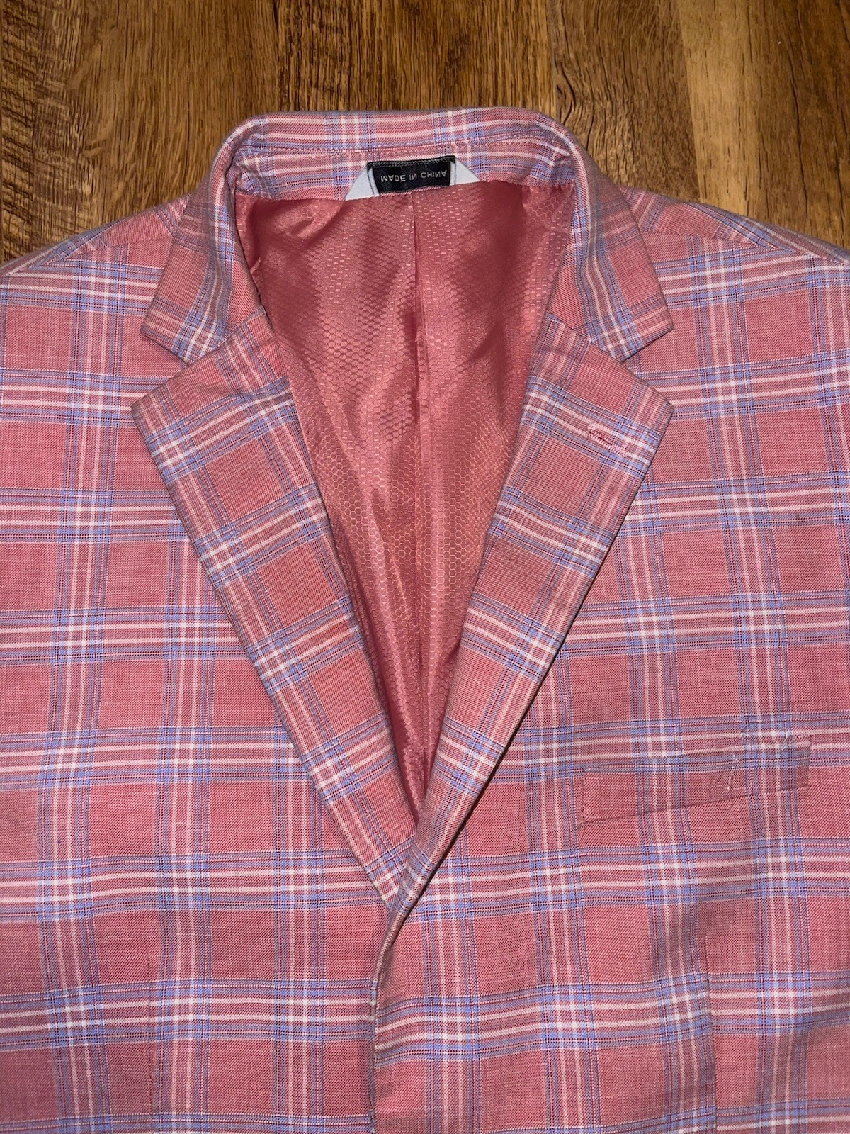 Men’s Lineage Pink Blue Plaid Polyester Blend Blazer Suit Sz 42S Pants 35×29