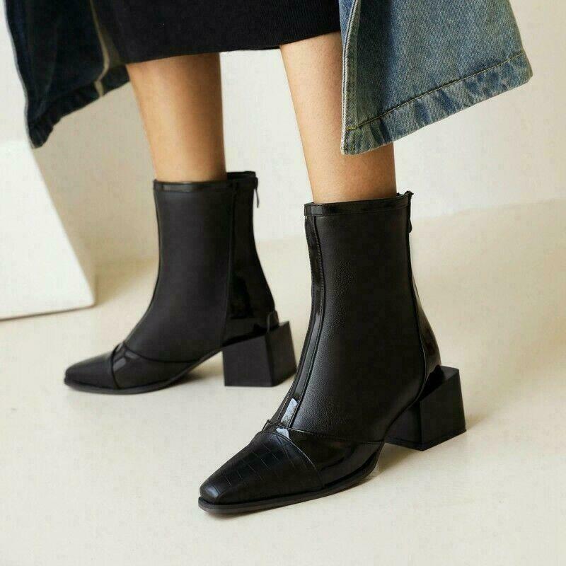 Splicing Leather Denim Women’s Ankle Boots Low Cuban Heel Shoes Casual Patchwork