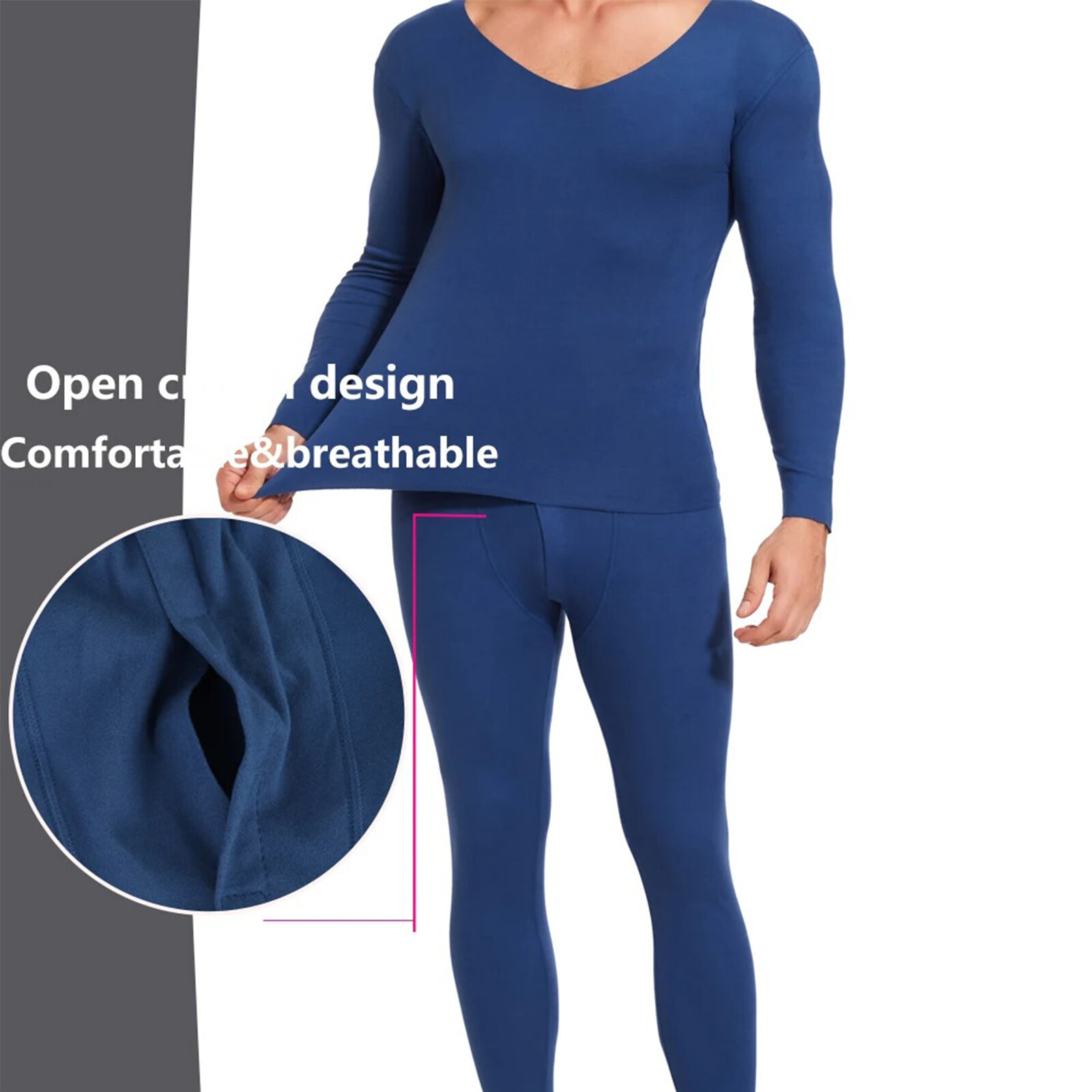 Men Thermal Warm Underwear V Neck Soft Fleece Lined Long Johns Set Top & Bottom