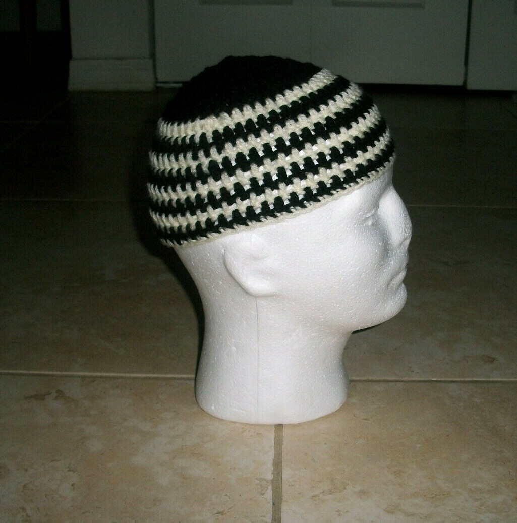 Handmade Crochet BLACK & WHITE STRIPE Skull Cap Kufi Beanie Hat Topi Harley 