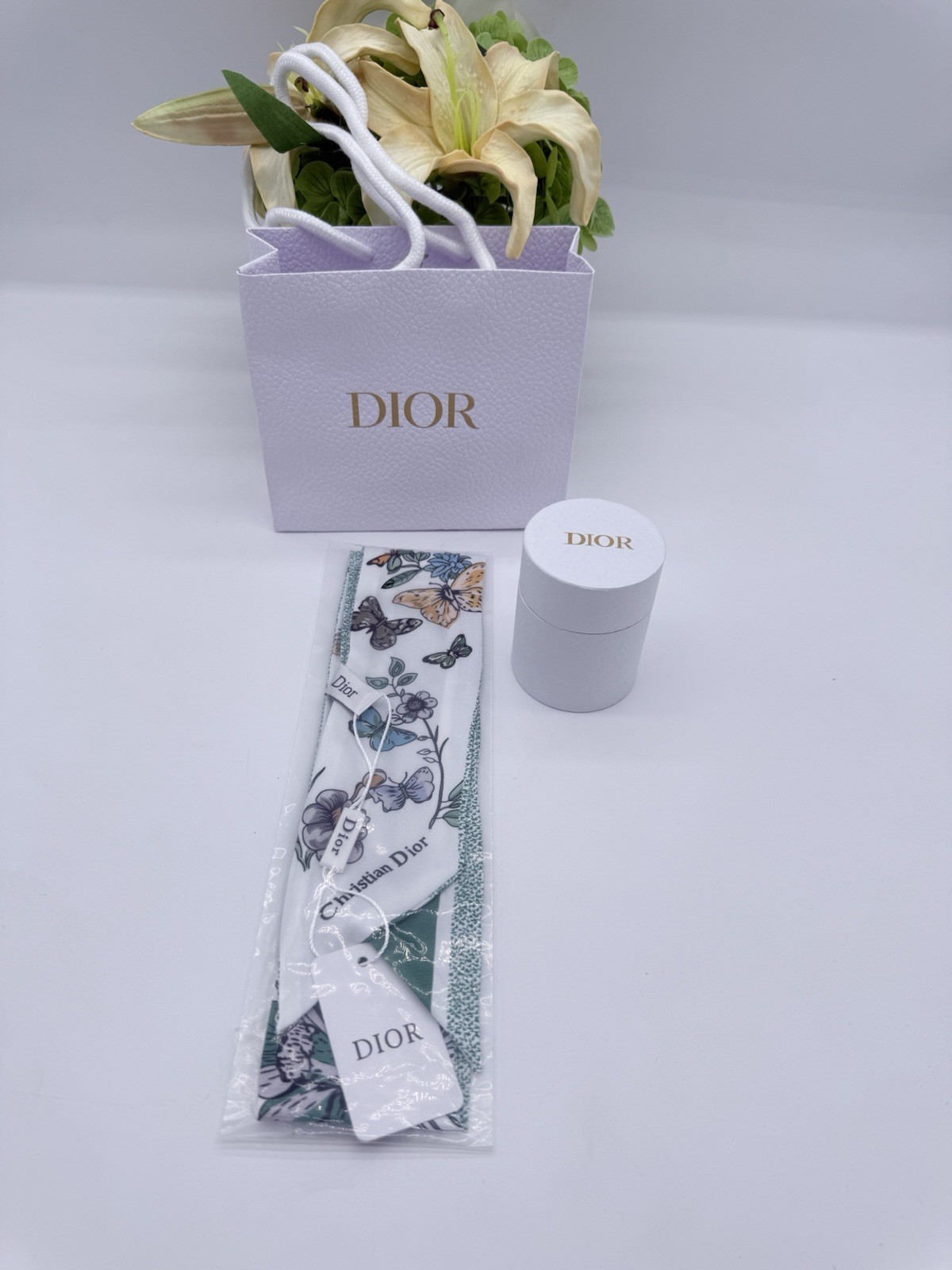 Christian Dior GWP Silk Ribbon Scarf Green Floral Butterfly Print 41.3″ Gift Box