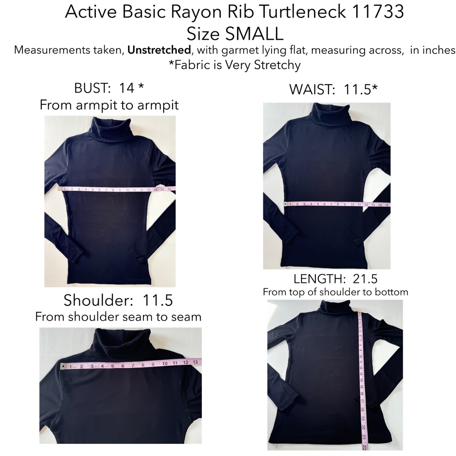 Active Basic 13174 Rayon Ribbed Knit Turtleneck Long Sleeves Form Fit Stretchy